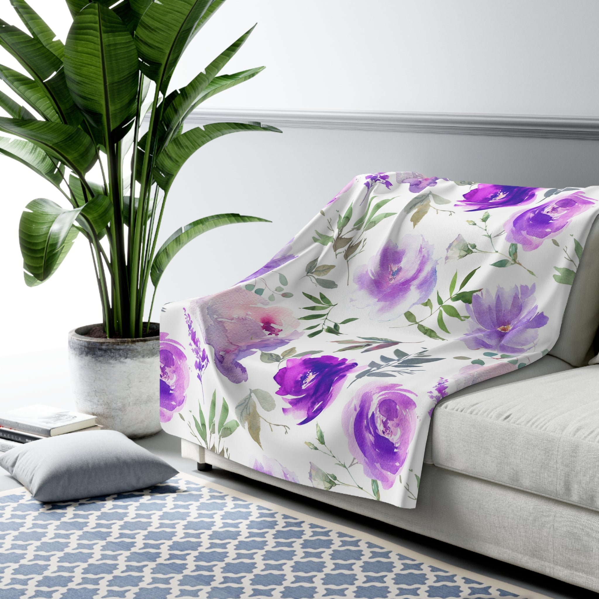 Floral Throw Blanket | White Purple Green White Watercolor