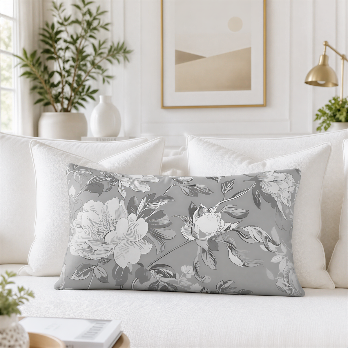 a living room with a gray floral throw pillow resting on a white couch. The room has a minimalist and elegant design, with white walls, a framed picture, and a potted plant.