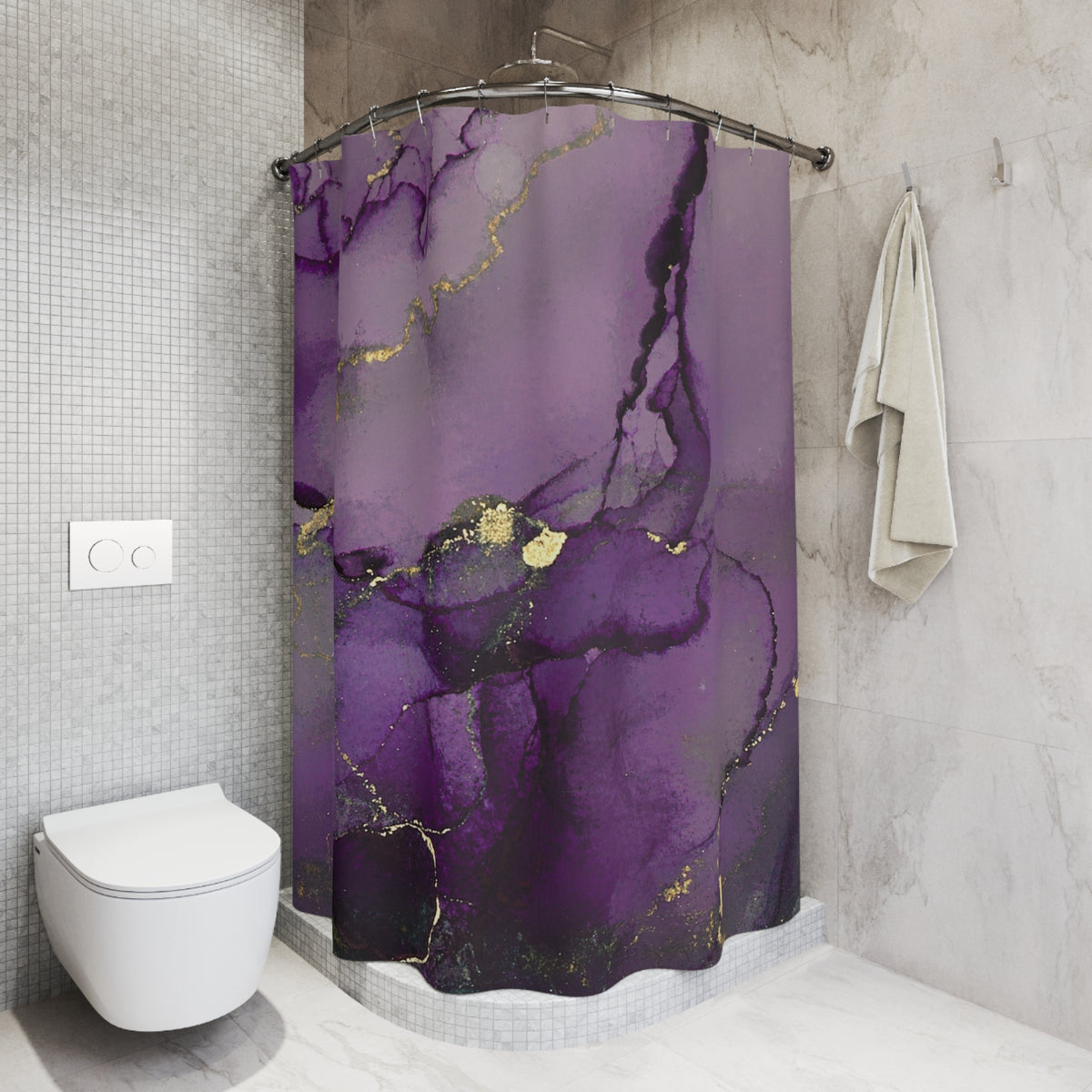 a bathroom with a shower curtain that has a purple marble-like design with gold accents. The shower curtain is hanging from a rod next to a white towel. The bathroom has a white toilet and a white tiled wall.