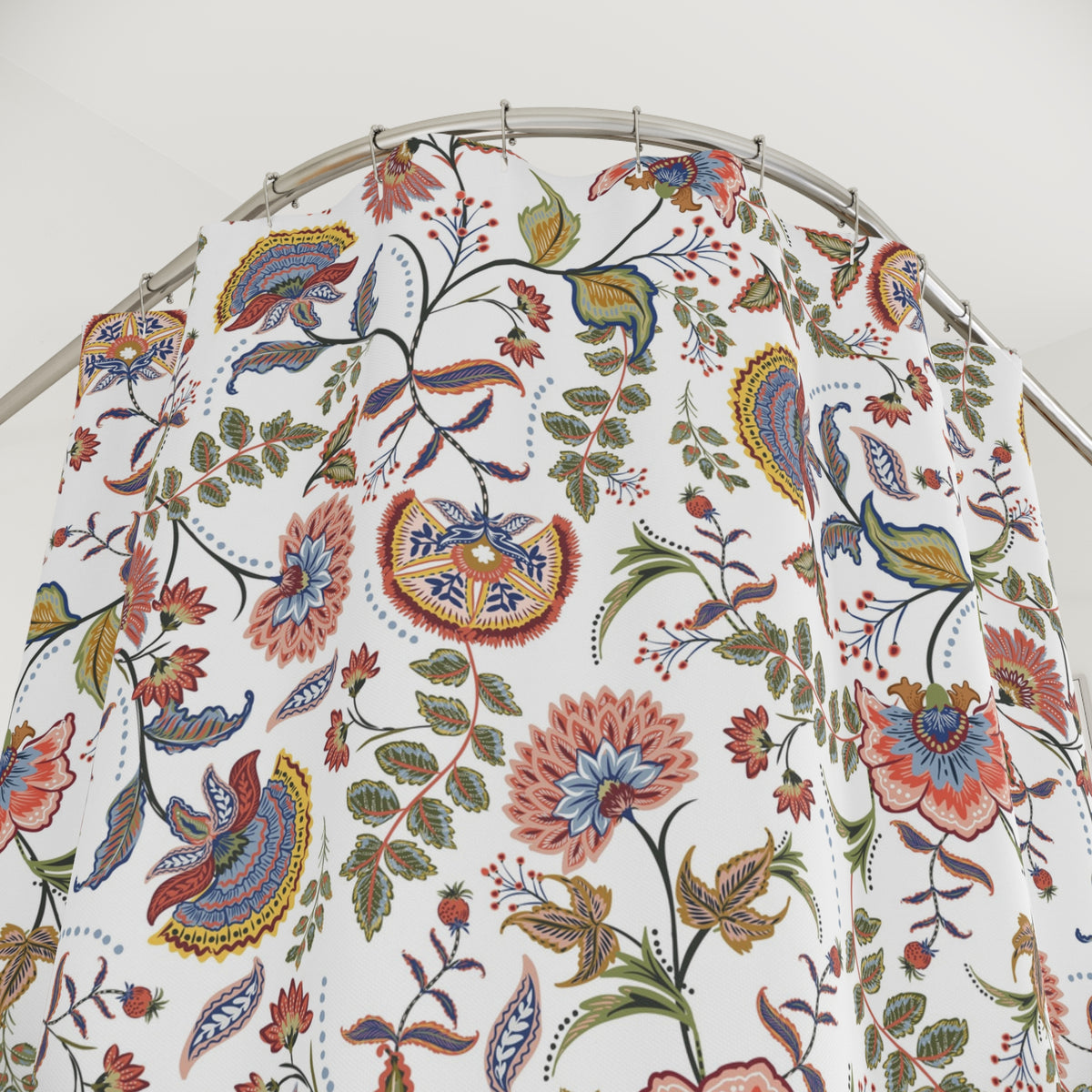 a colorful floral pattern on a shower curtain.