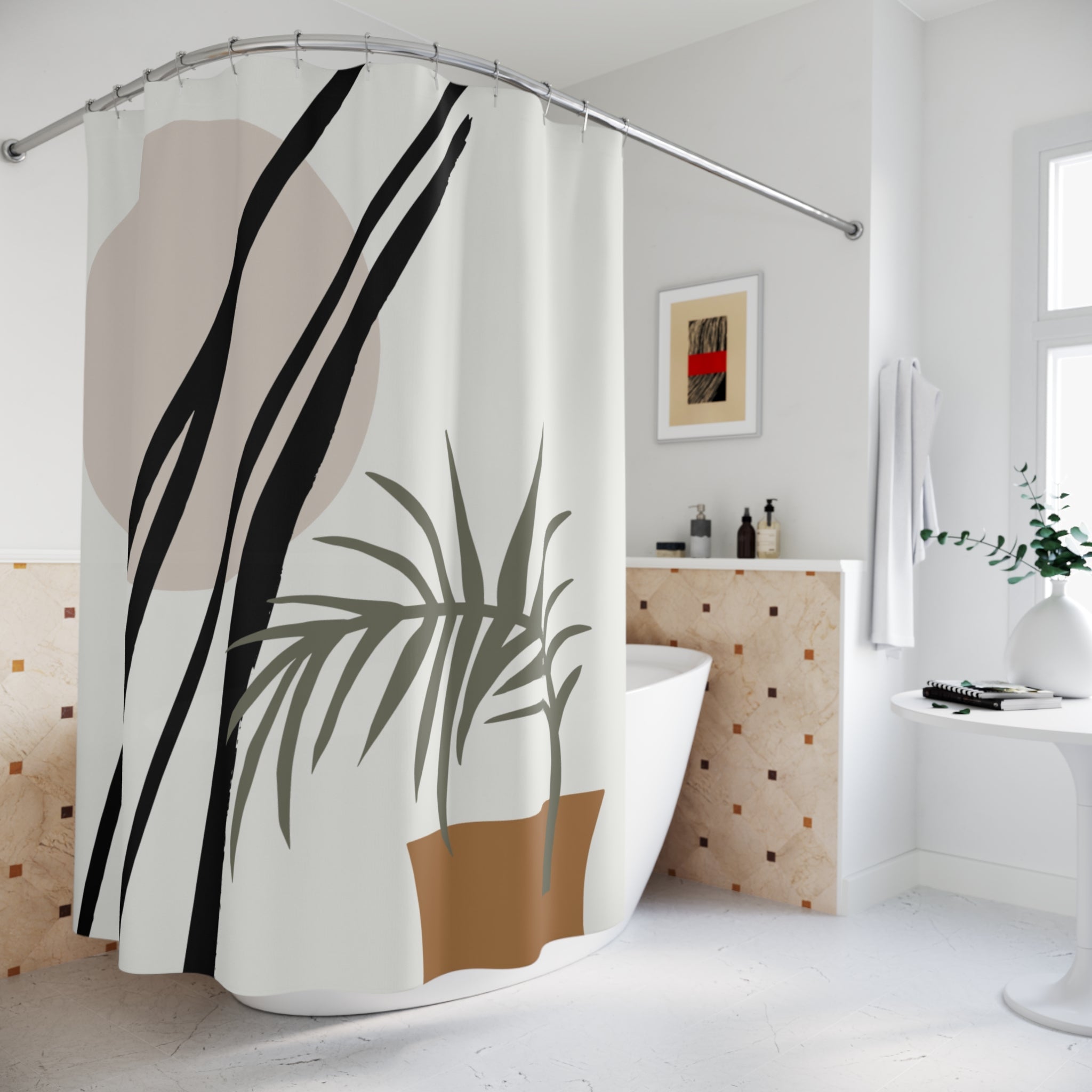 Abstract Shower Curtain | Boho Sun Plant Fabric Curtain