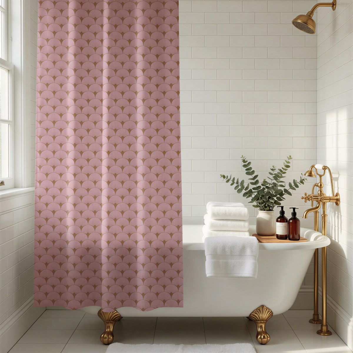 A bathroom with a claw-foot bathtub, a pink patterned shower curtain, and a white tiled wall. There is a plant on the bathtub and a bottle of soap on the edge of the tub.