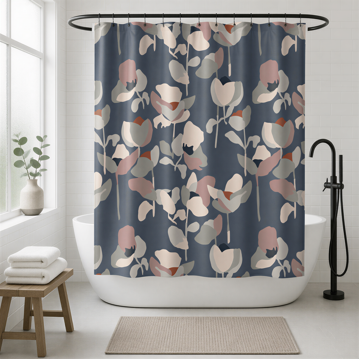 a bathroom with a white bathtub, a shower curtain with a floral pattern, and a wooden stool.