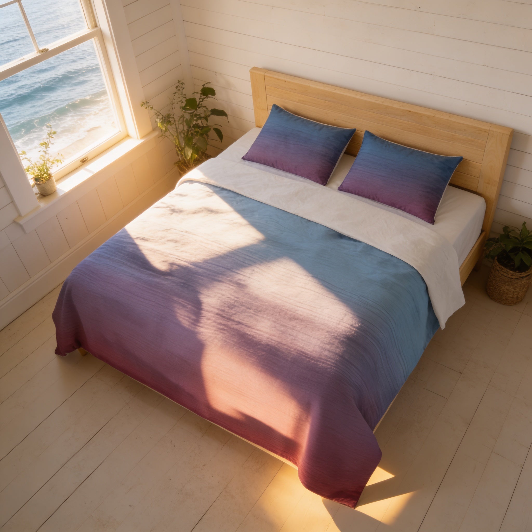 a serene bedroom scene with a bed dressed in a colorful duvet cover featuring a gradient of purple and blue hues. The bed is positioned against a wall with a window overlooking the ocean, allowing natural light to fill the room. The room also includes a potted plant and a basket, adding to the cozy and inviting atmosphere.