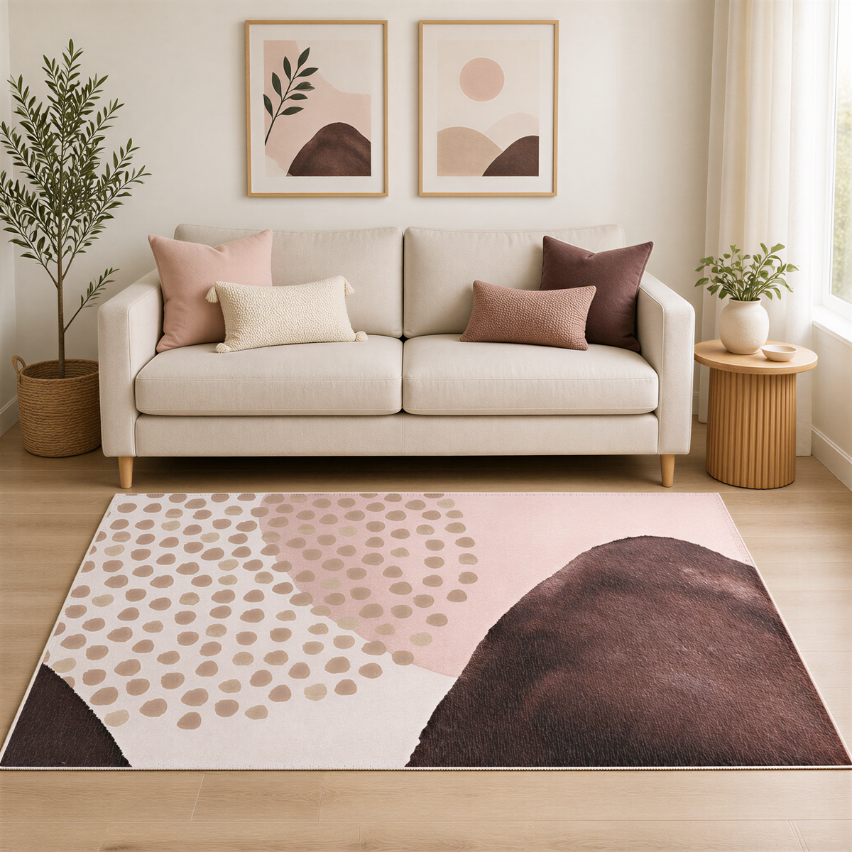 a cozy living room with a beige sofa, a wooden side table, and a large abstract rug with a mix of pink and brown colors. The room is decorated with two framed artworks on the wall and a potted plant, creating a warm and inviting atmosphere.