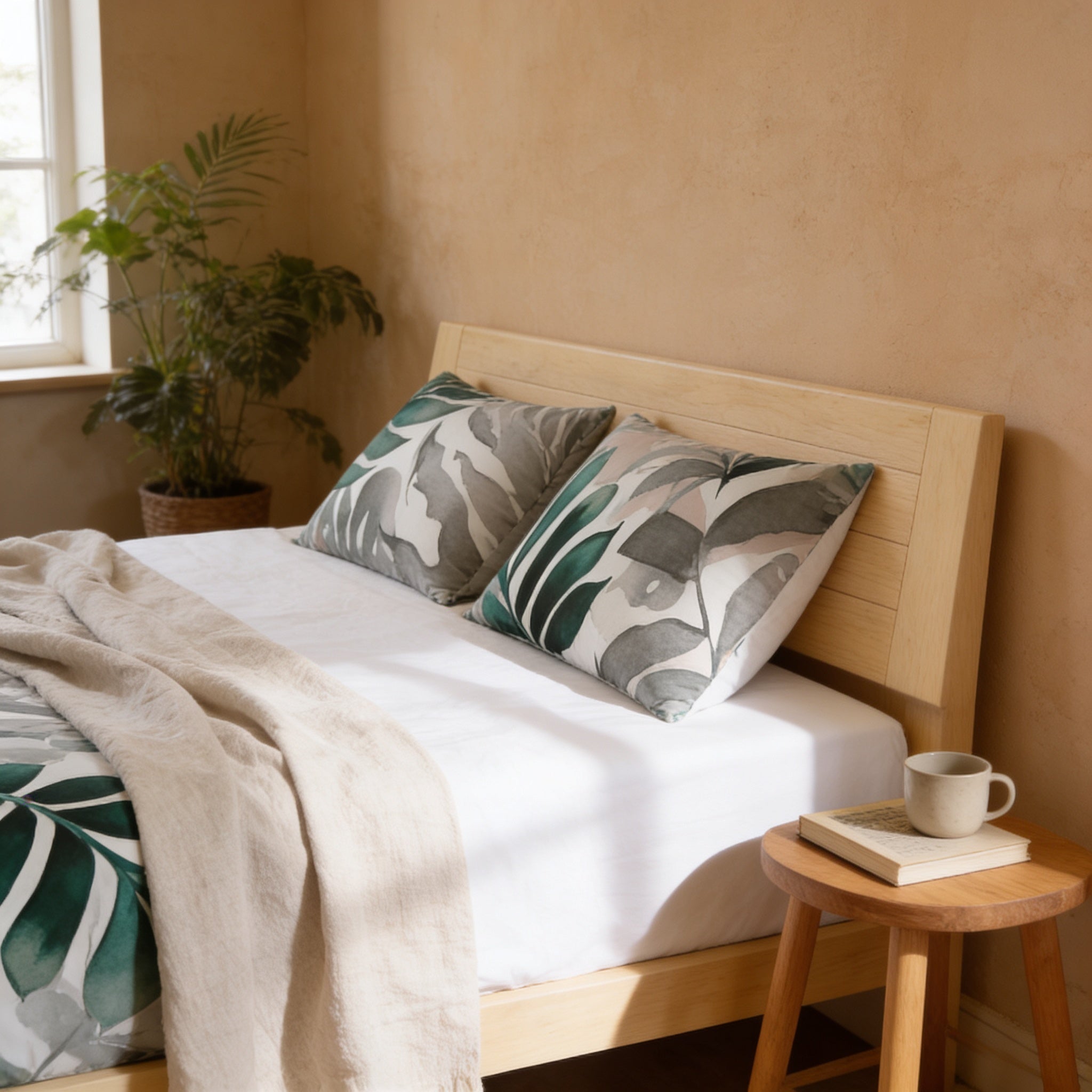 a cozy bedroom scene with a wooden bed frame, a white comforter, and two patterned pillows. A small wooden side table is placed next to the bed, and a potted plant is visible in the corner. A cup is also present on the side table.