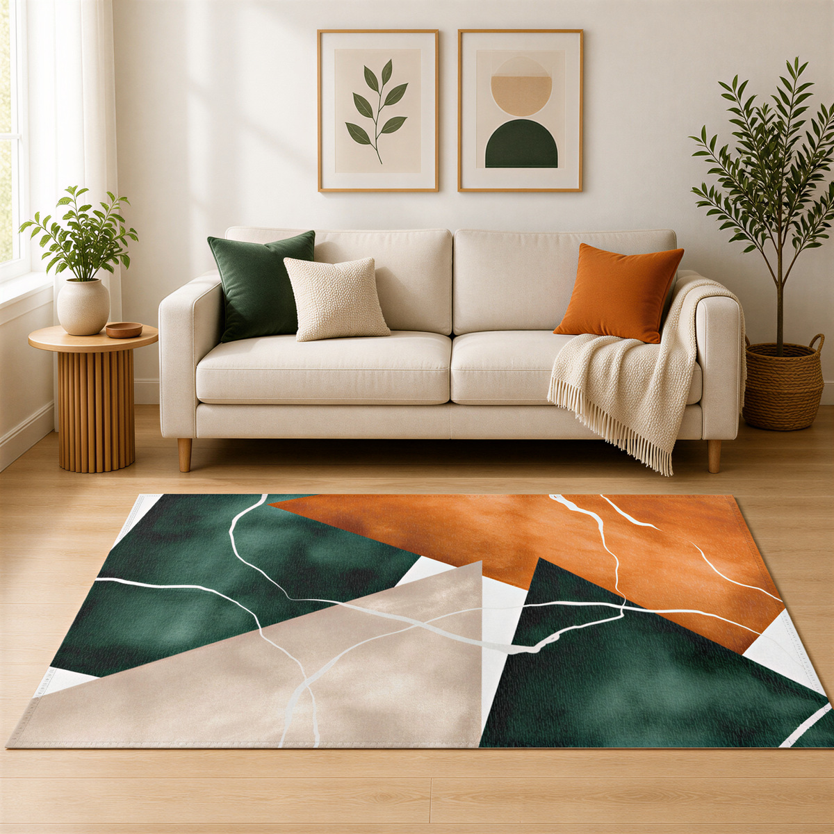 a cozy living room with a beige sofa, a wooden side table, and a large abstract rug on the floor. The room is decorated with two framed artworks on the wall and two potted plants, creating a warm and inviting atmosphere.