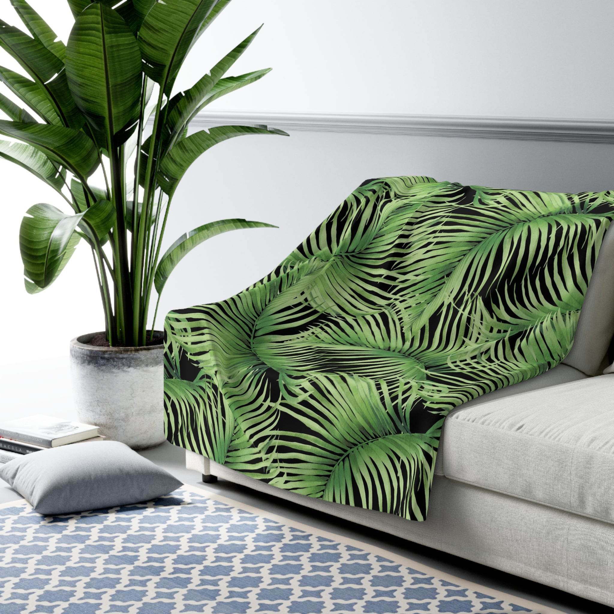 Floral Throw Blanket | Jungle Green Black Palm Leaves