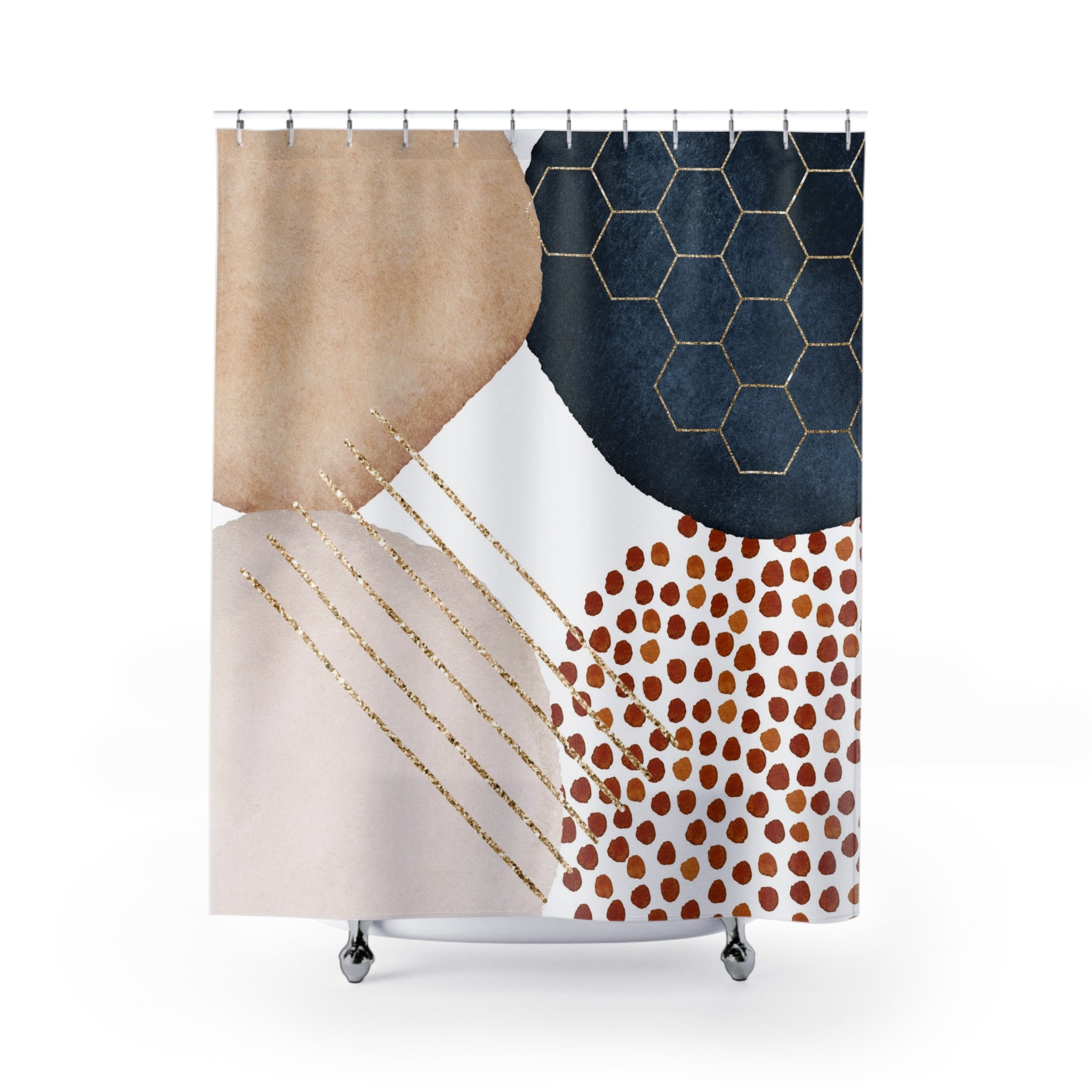 Boho Abstract Shower Curtain | Navy Blue, Beige White
