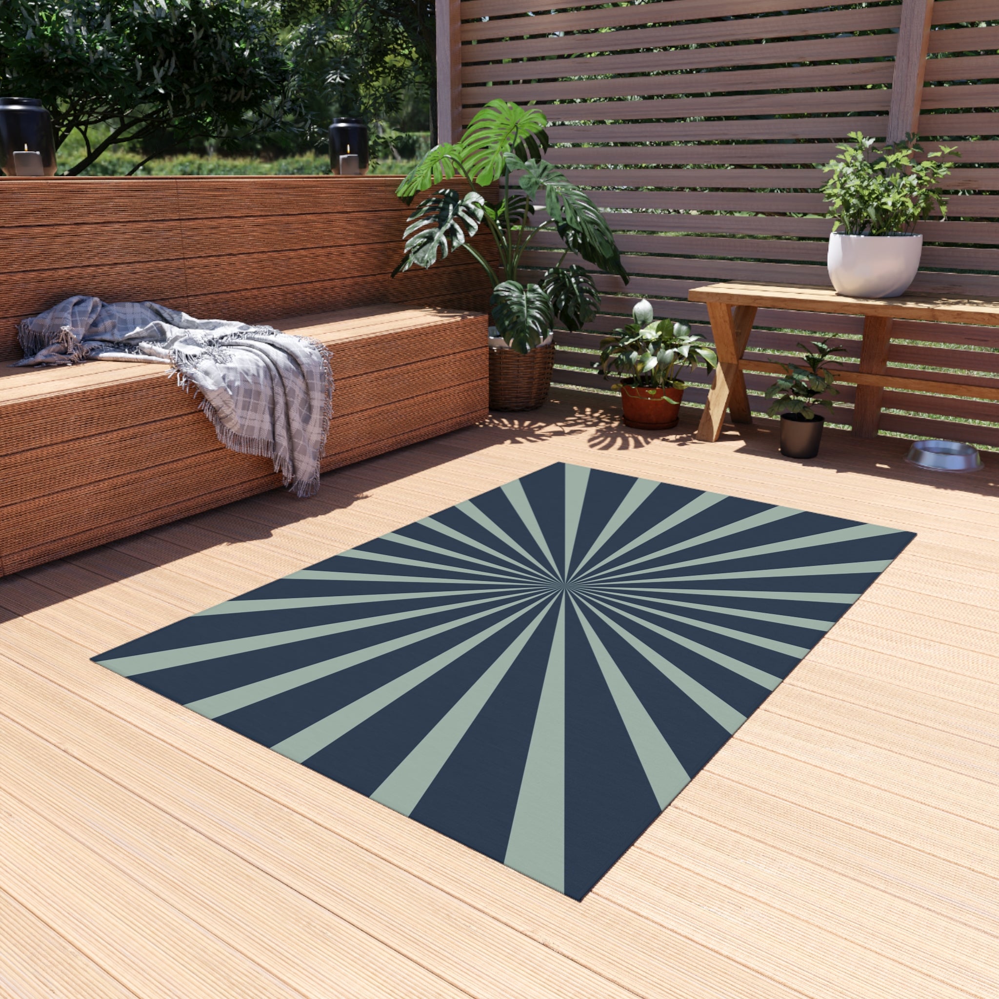 Retro Sun Ray Outdoor Rug | Mid Century Navy Blue