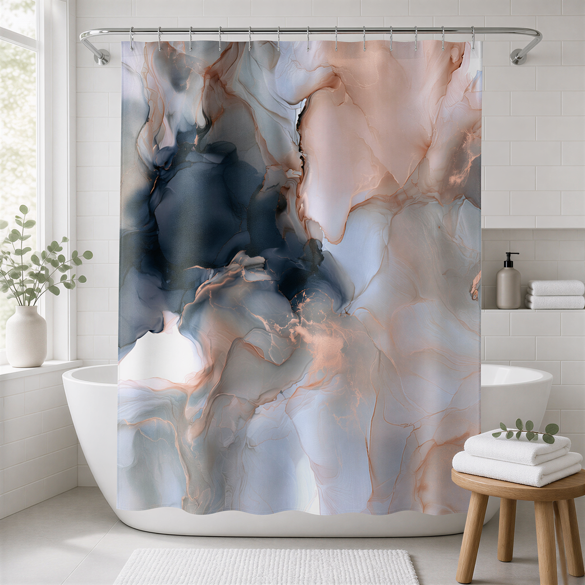 a bathroom with a white bathtub, a shower curtain with an abstract marble pattern in shades of blue, pink, and gray, and a wooden stool.