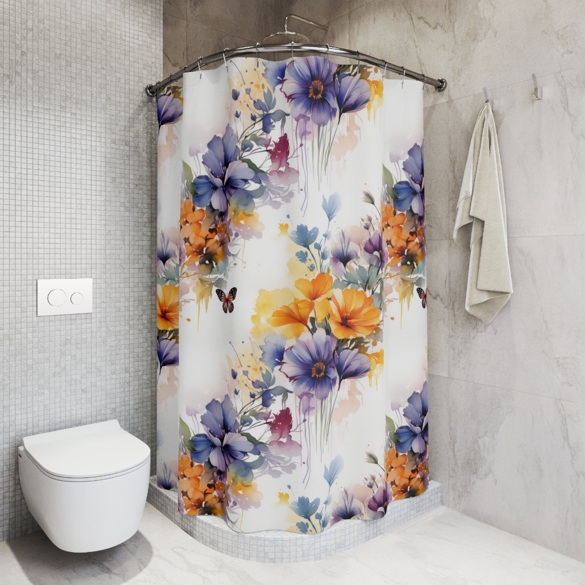 Floral Shower Curtain | White Botanical Colorful Fabric Curtain