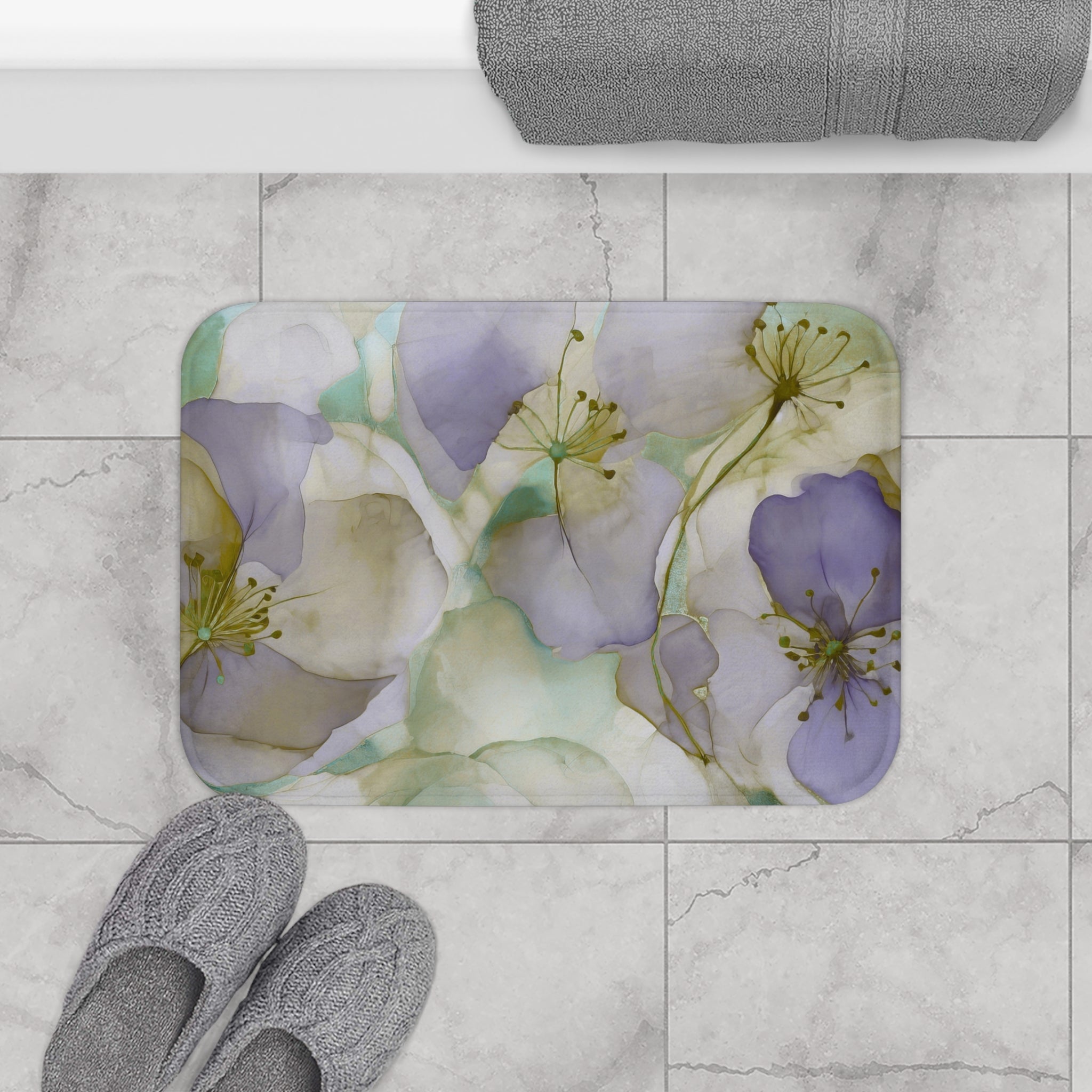 Abstract Bath Mat | Artsy Floral Lavender Purple, Sage Green Kitchen Mat