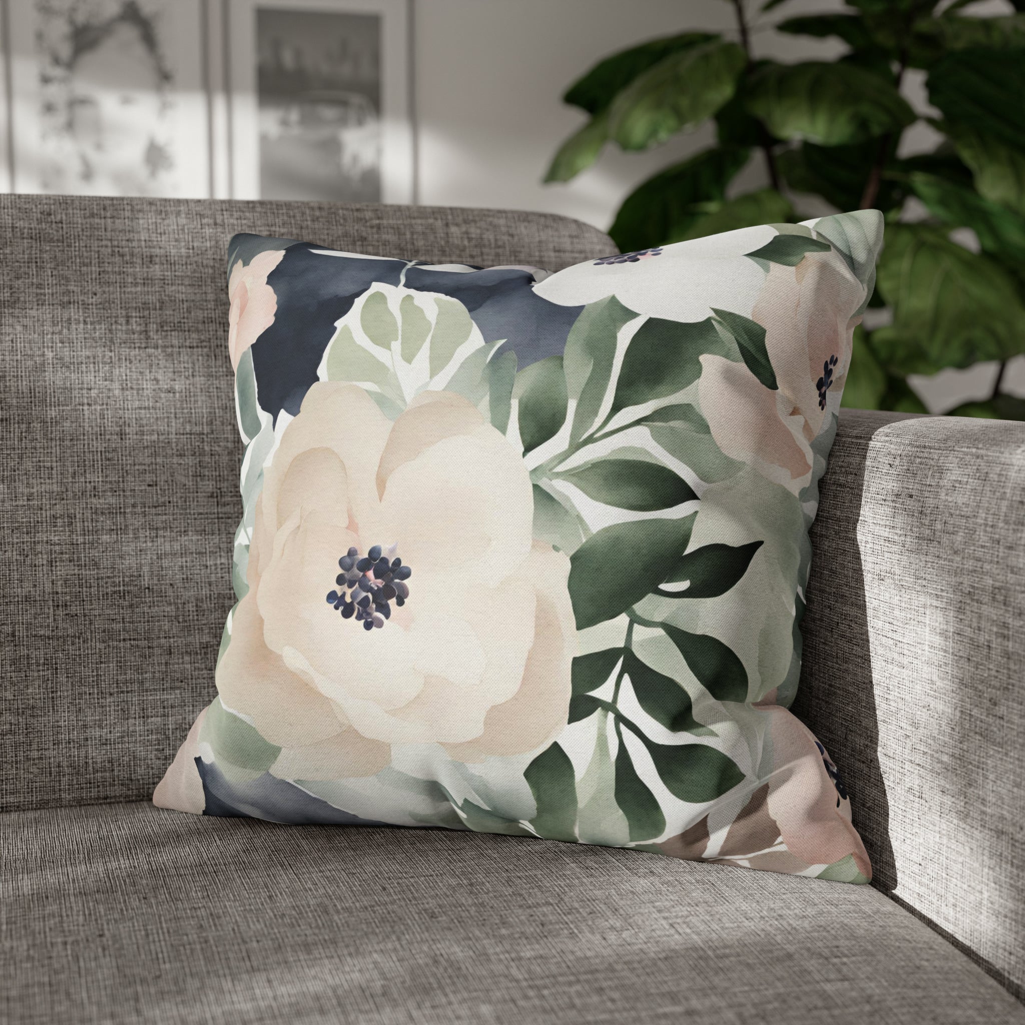Boho Floral Throw Pillow Cover | Blush Pink, Forest Green