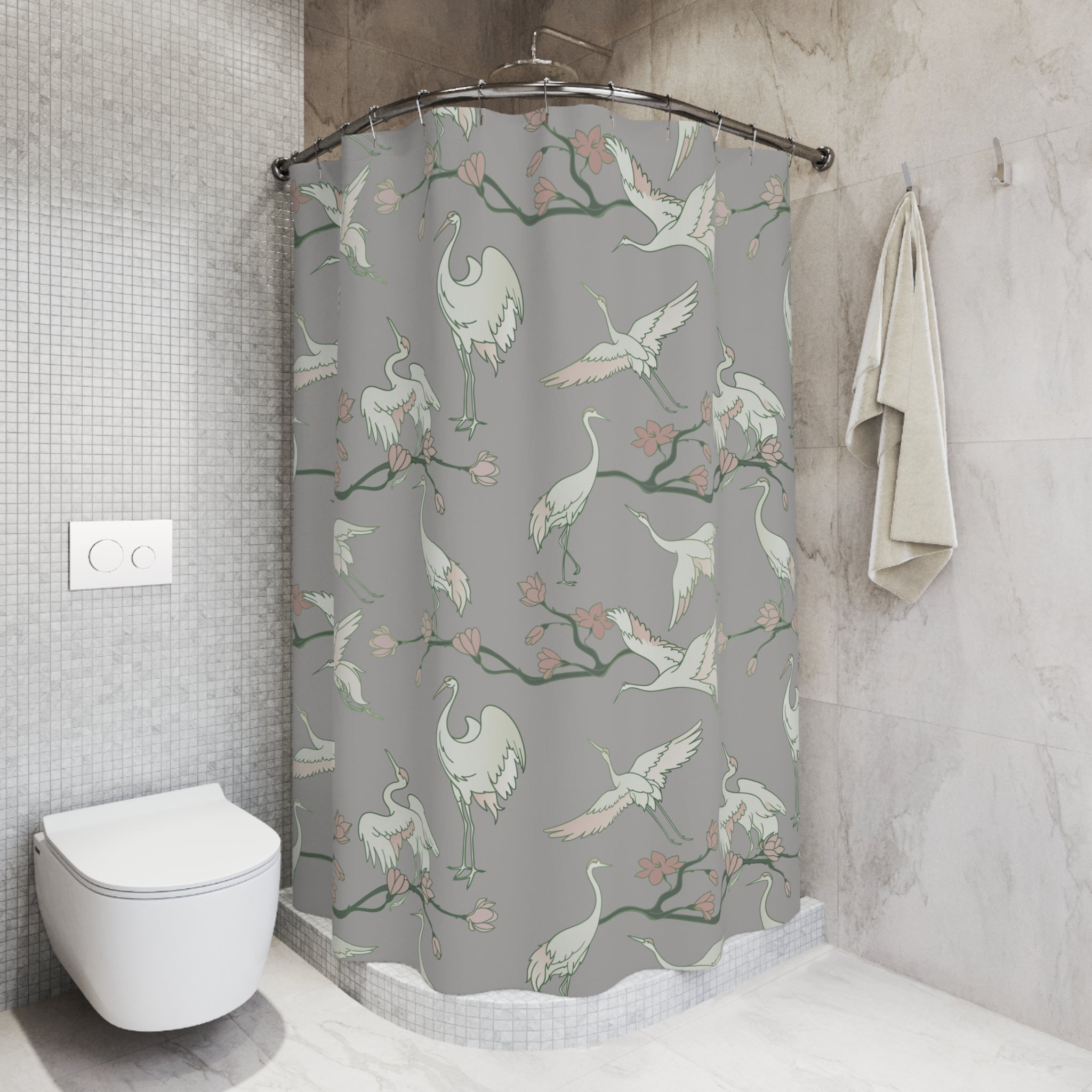 Grey Crane Birds, Japanese Shower Curtain