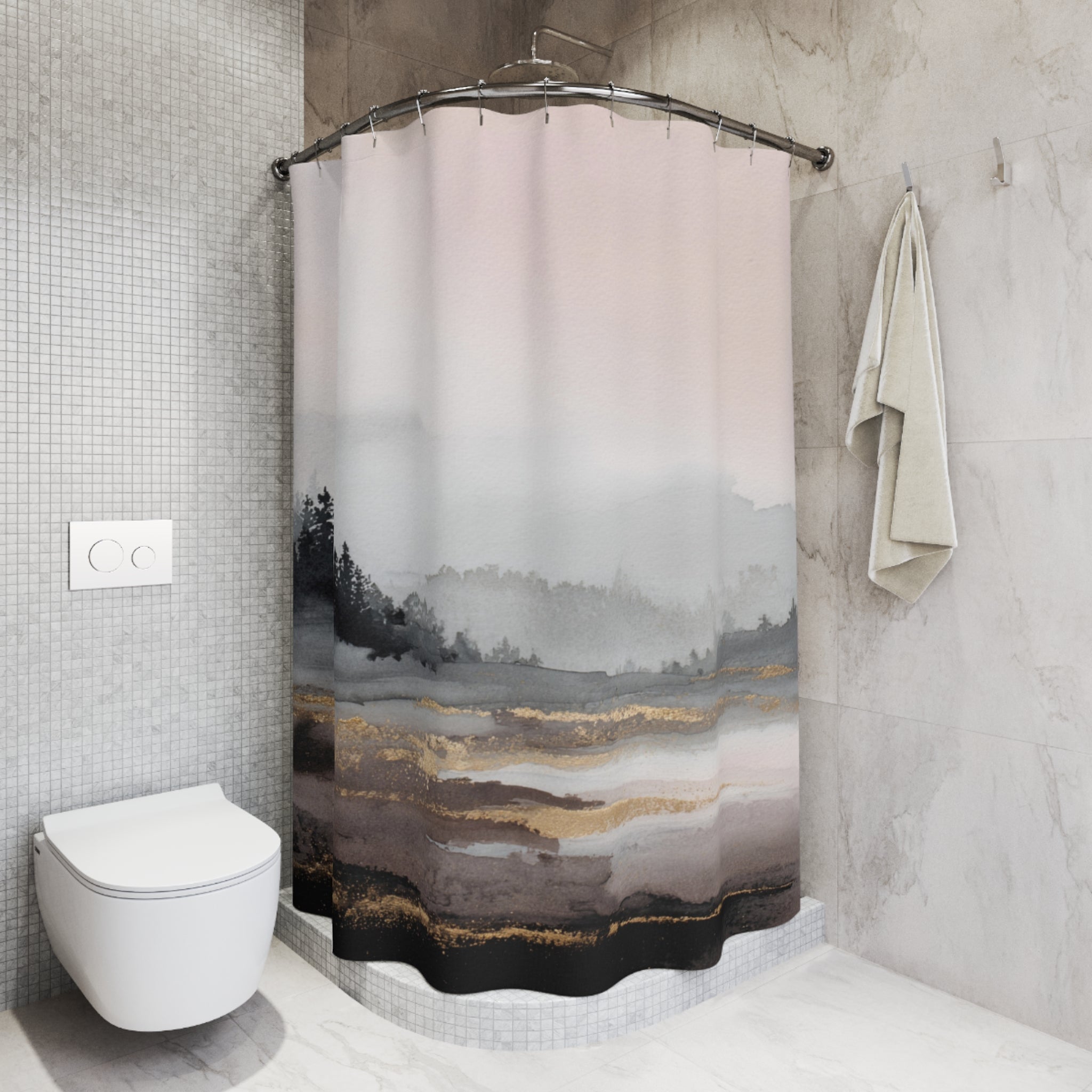 Landscape Shower Curtain | Nature Dark Grey, Blush Abstract Art