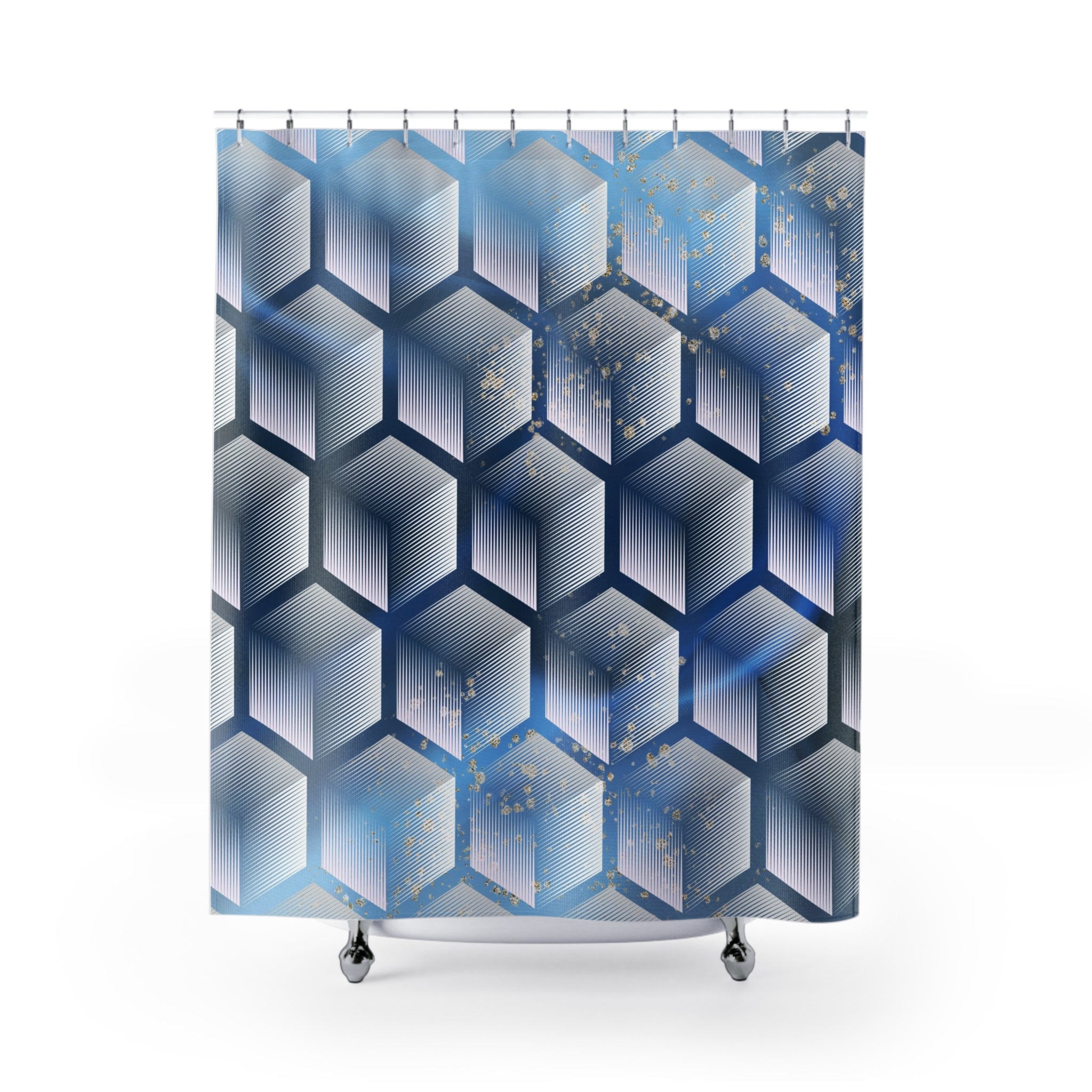 Sapphire blue and white geometric hexagon shower curtain