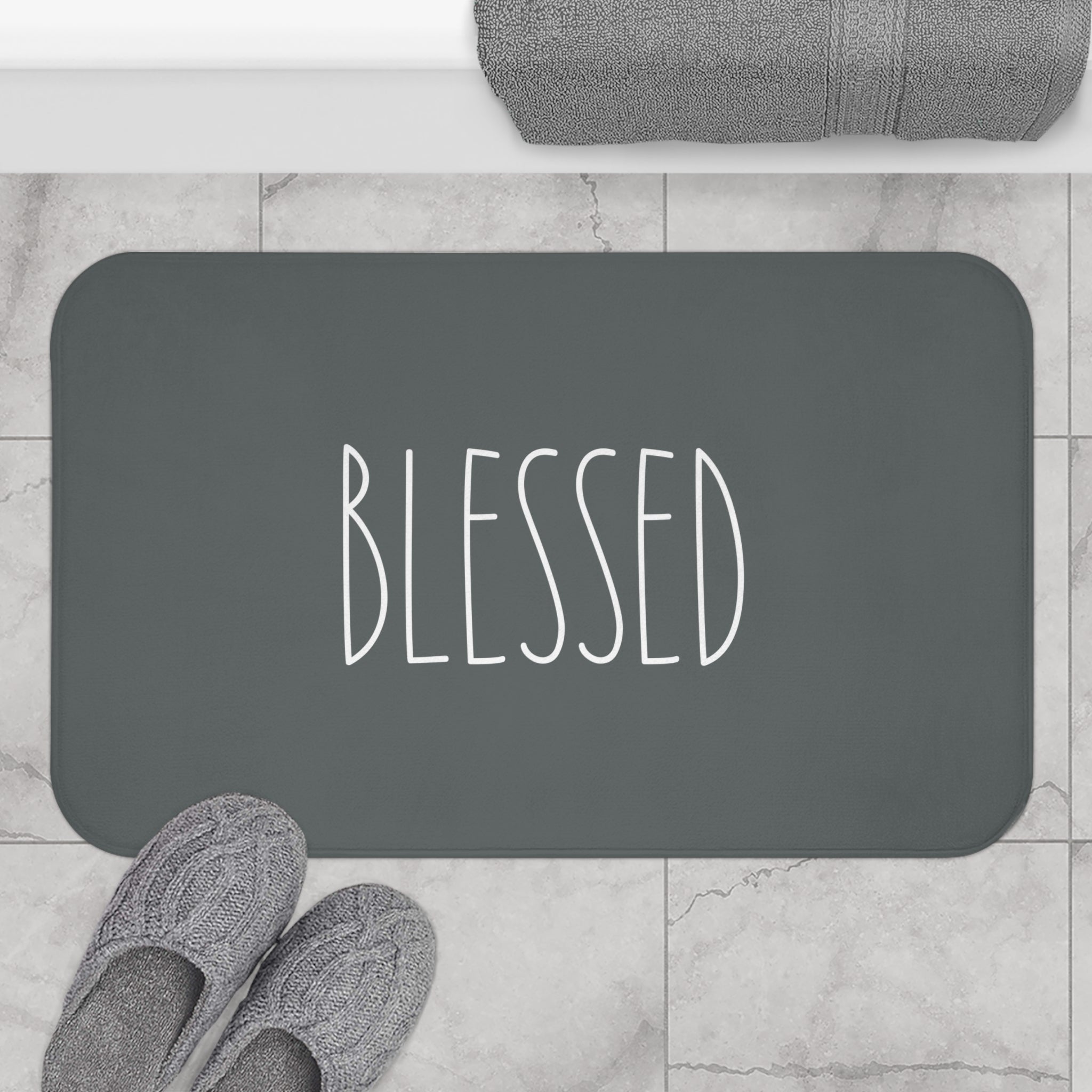 Cute Bath, Kitchen Mat | Grey White, Minimalist Blessed, Rae Dunn Inspired