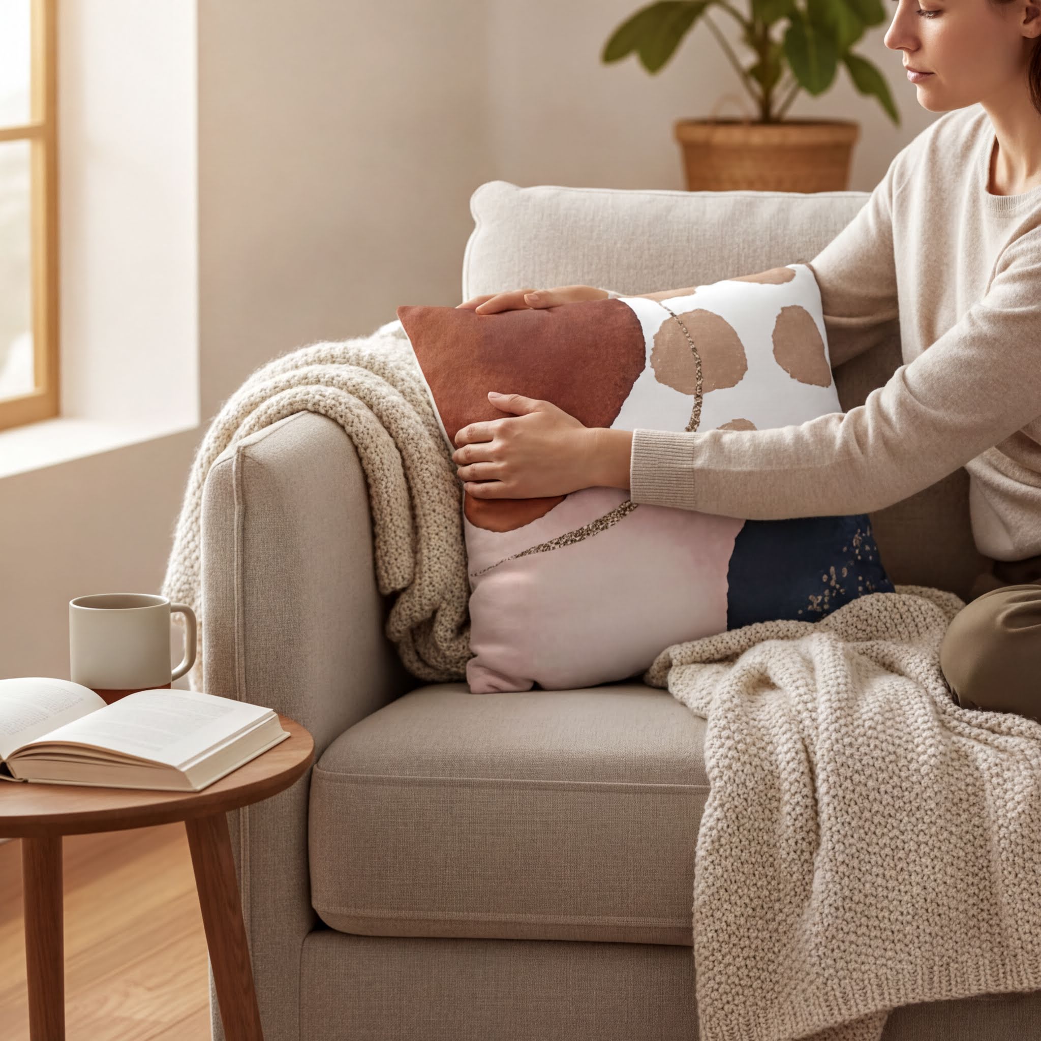 A person is sitting on a couch, holding a pillow and resting their head on it. The couch is covered with a blanket and a book is placed on a small side table next to the couch.