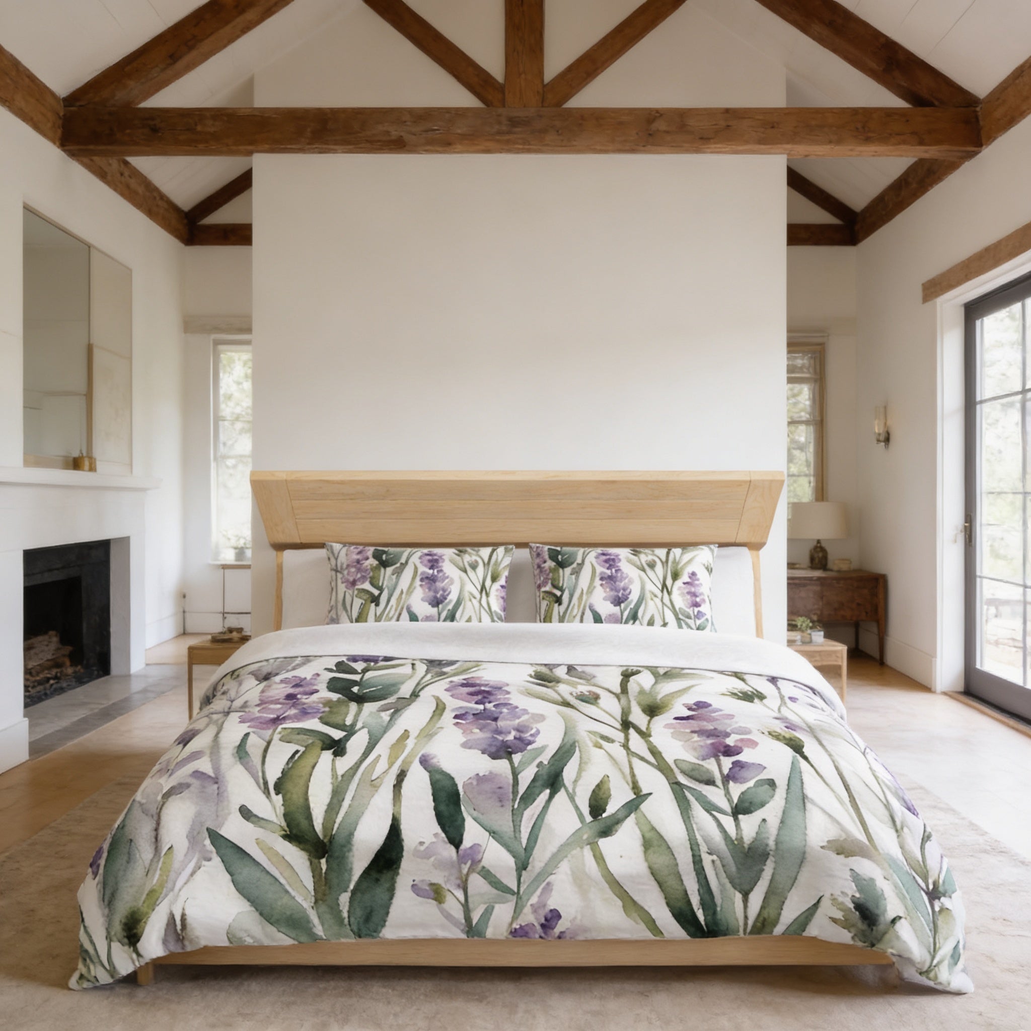 a spacious bedroom with a large bed featuring a floral print comforter and pillows. The room has a vaulted ceiling with exposed wooden beams, and a fireplace is visible on one side. The overall decor has a natural, serene, and tranquil atmosphere.