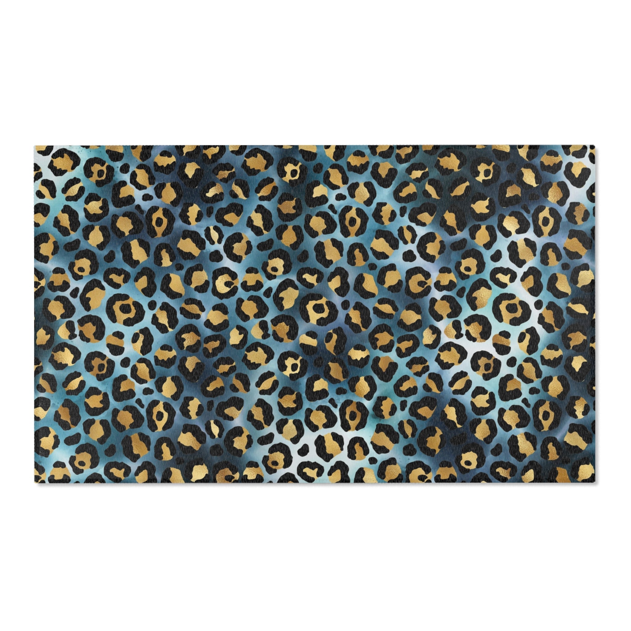 Boho Area Rug | Teal Blue Grey, Black Beige Leopard