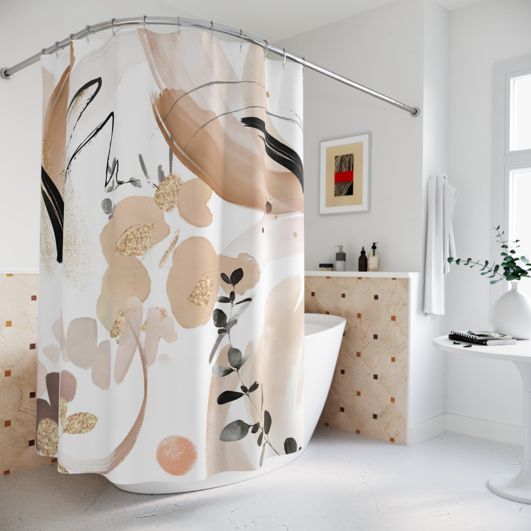Boho Shower Curtain | Abstract Beige Black White