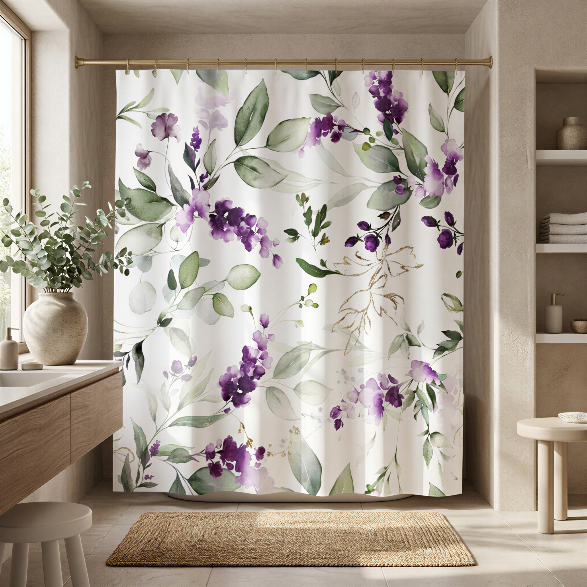 a bathroom with a shower curtain adorned with a floral pattern of purple and green leaves. The curtain is hanging from a rod, and there is a rug in front of it. The bathroom also includes a sink and a shelf with various items on it.