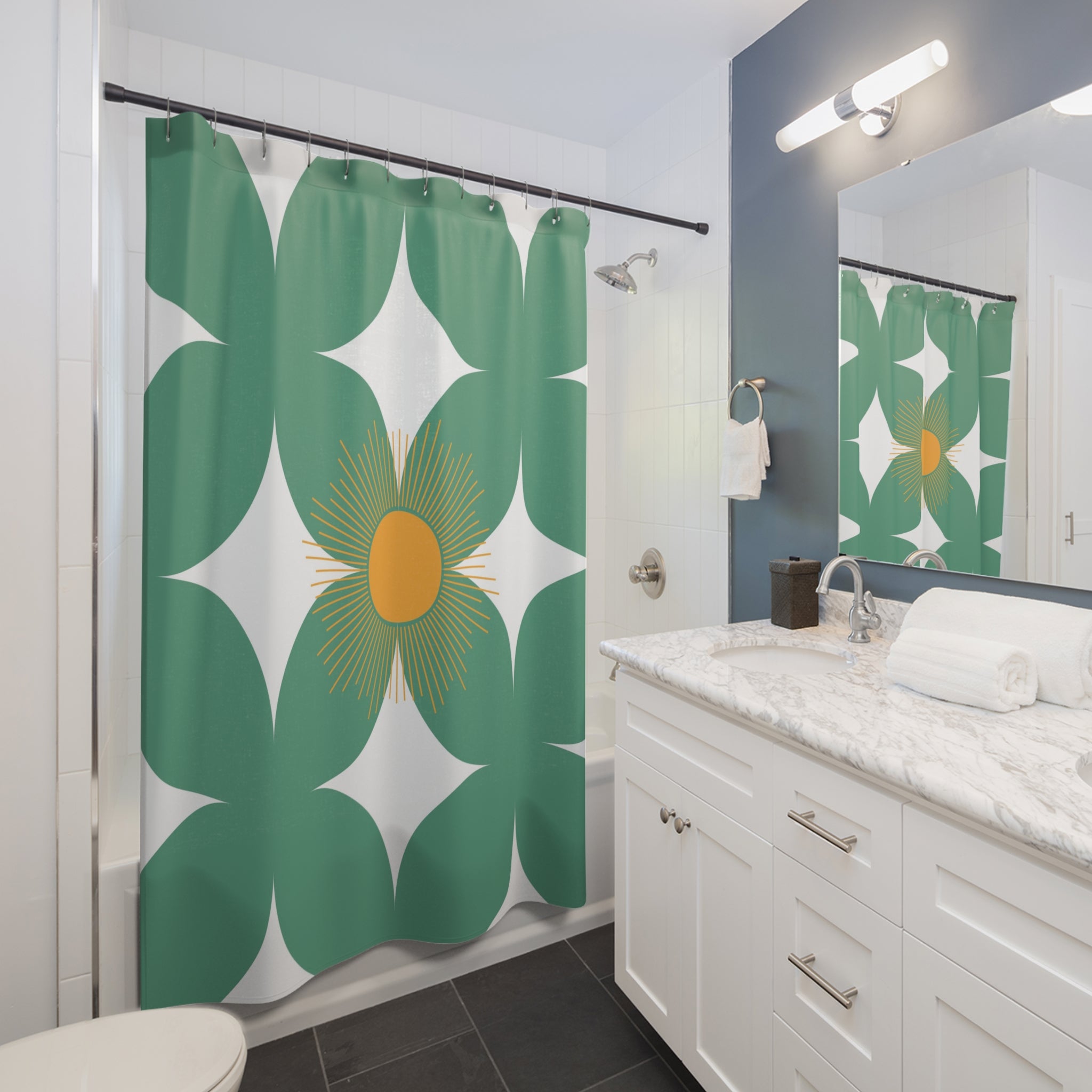 Mid Century, Boho Shower Curtain | Geometric Sage Green White, Orange Sun