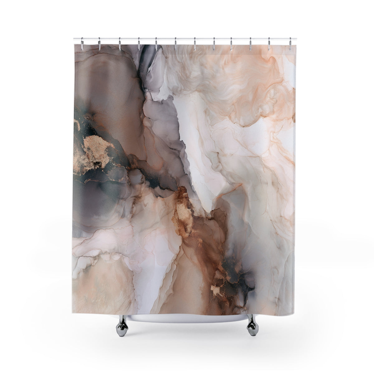 a shower curtain with an abstract, colorful design resembling a marble or stone pattern.