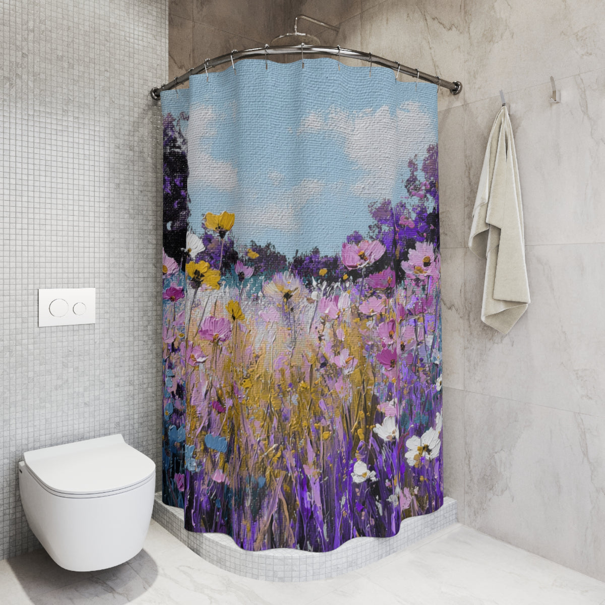 a bathroom with a shower curtain that has a colorful floral design. The shower curtain is hanging in the corner of the bathroom, and there is a towel rack next to it. The bathroom has a white toilet and a tiled wall.