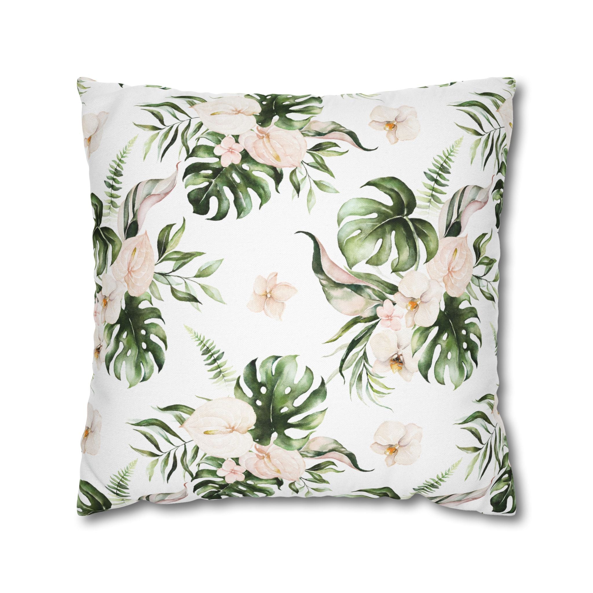 Orchids Floral Pillow Cover | White Green Monstera Tropical Leaves