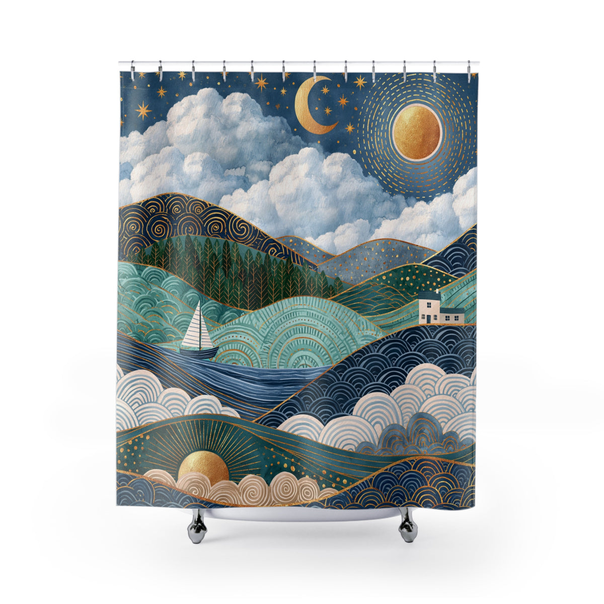 a vibrant and detailed illustration of a seascape with mountains, a sailboat, and a crescent moon in the night sky.
