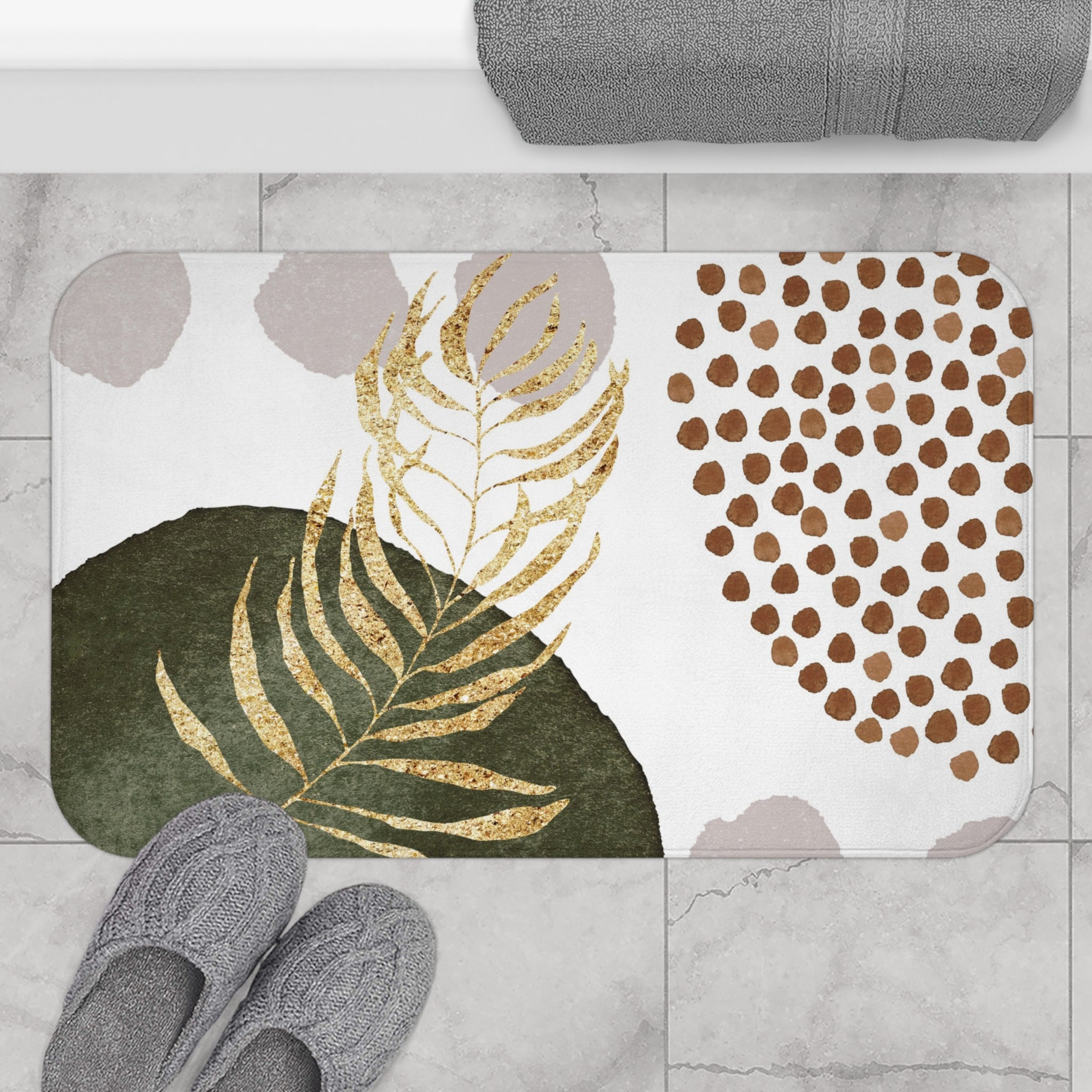 Abstract Bath Mat | White Green Beige Kitchen Mat