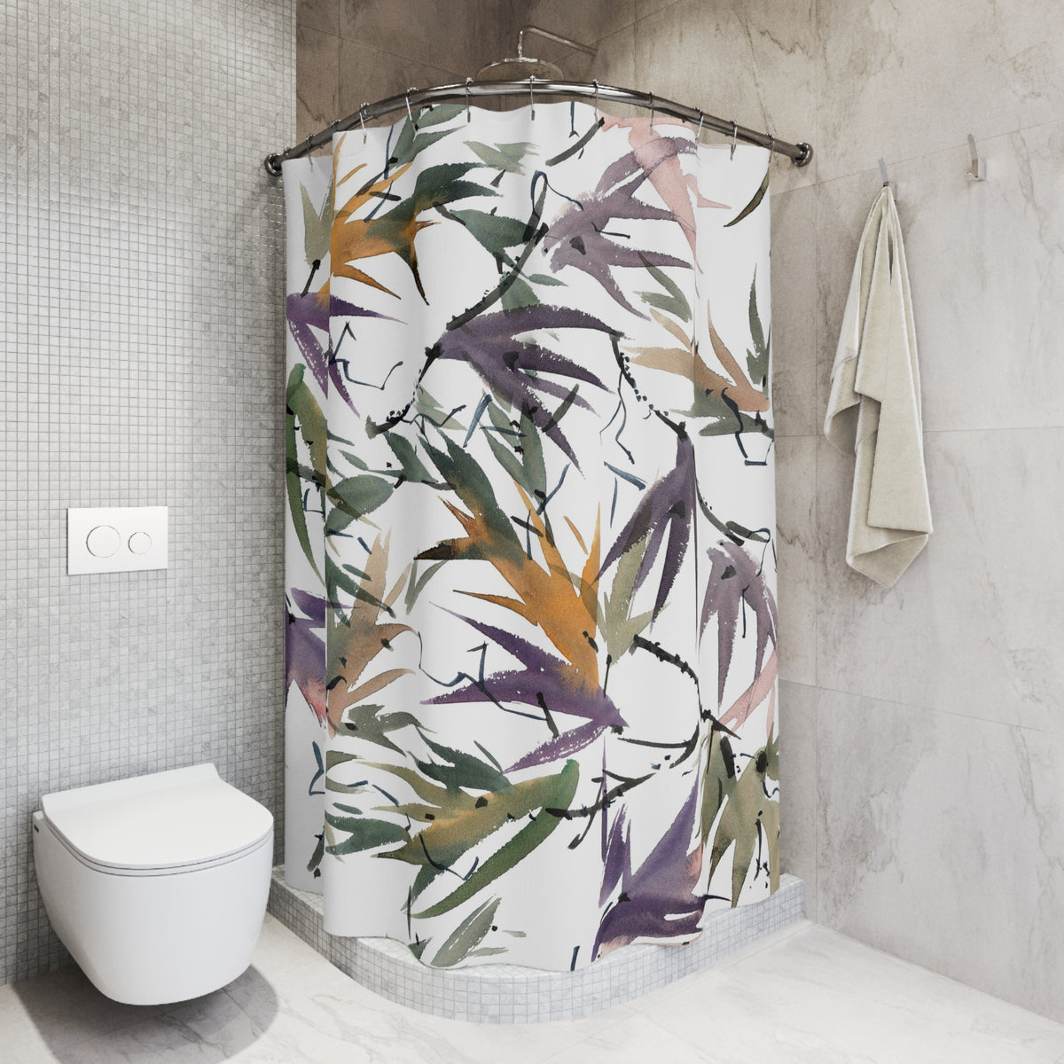 Olive Purple Bamboo Leaf Shower Curtain, Bath Curtain 71x74