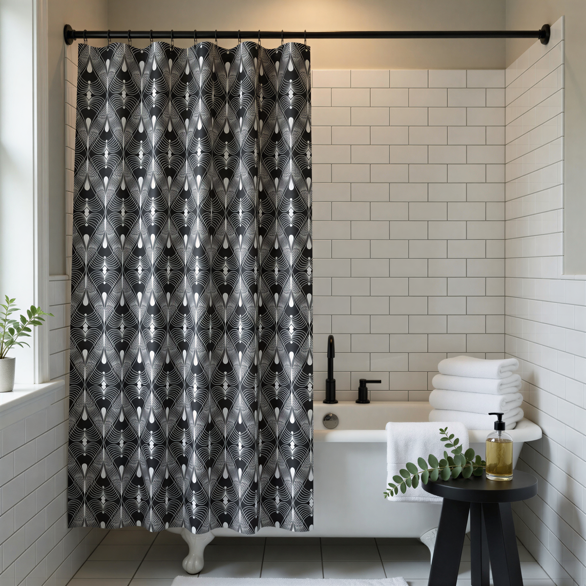 a modern bathroom with a white bathtub, a black and white patterned shower curtain, and a small table with a plant and a soap dispenser.