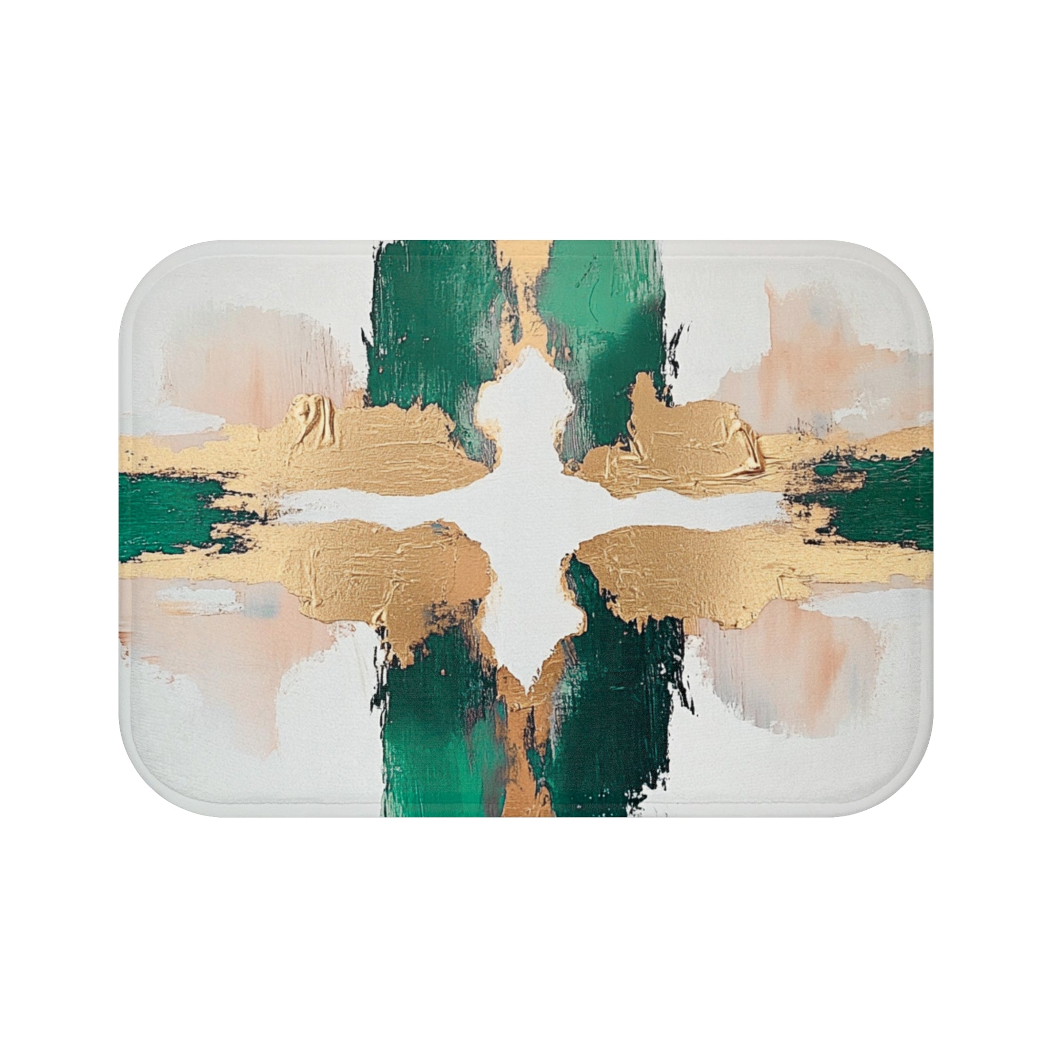 Abstract Bath Mat | Green White, Muted Gold Beige Kitchen Mat