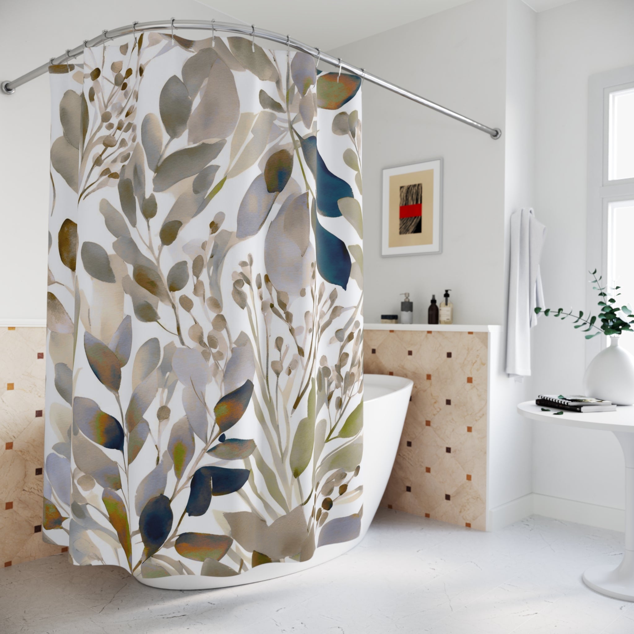 Boho Abstract Leaves Shower Curtain | Earthy Neutral Watercolor