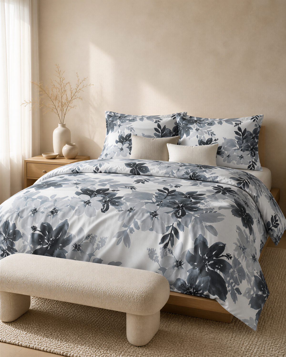 a bedroom with a large bed covered in a blue and white floral comforter, a white bench, and a small table with a vase of dried flowers.