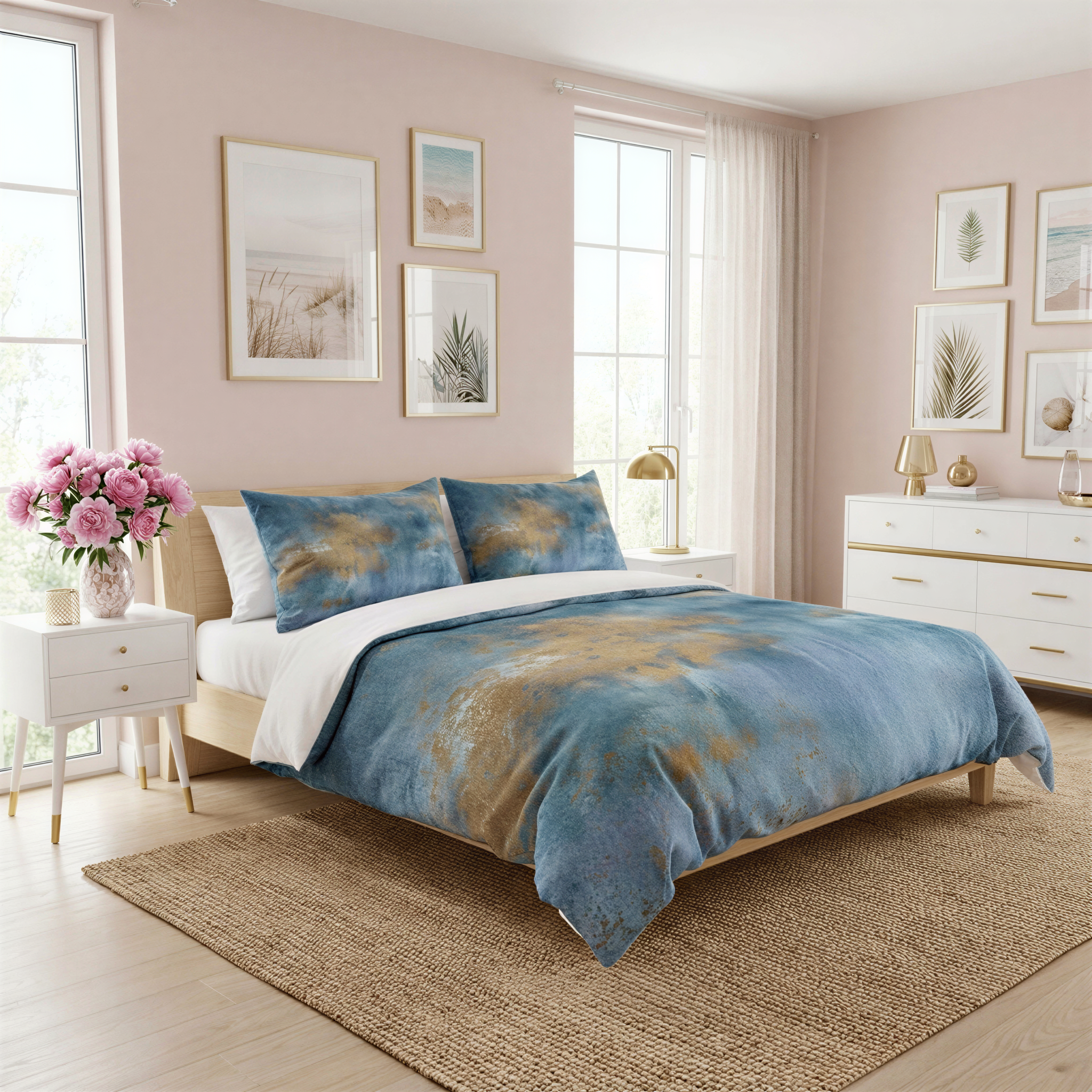 a well-decorated bedroom with a large bed, a nightstand, and a dresser. The bed has a blue and gold comforter and matching pillows. The room has a neutral color scheme with pink walls and a beige rug. There are several framed pictures on the walls, and a vase of pink flowers on the nightstand. The overall atmosphere of the room is cozy and inviting.