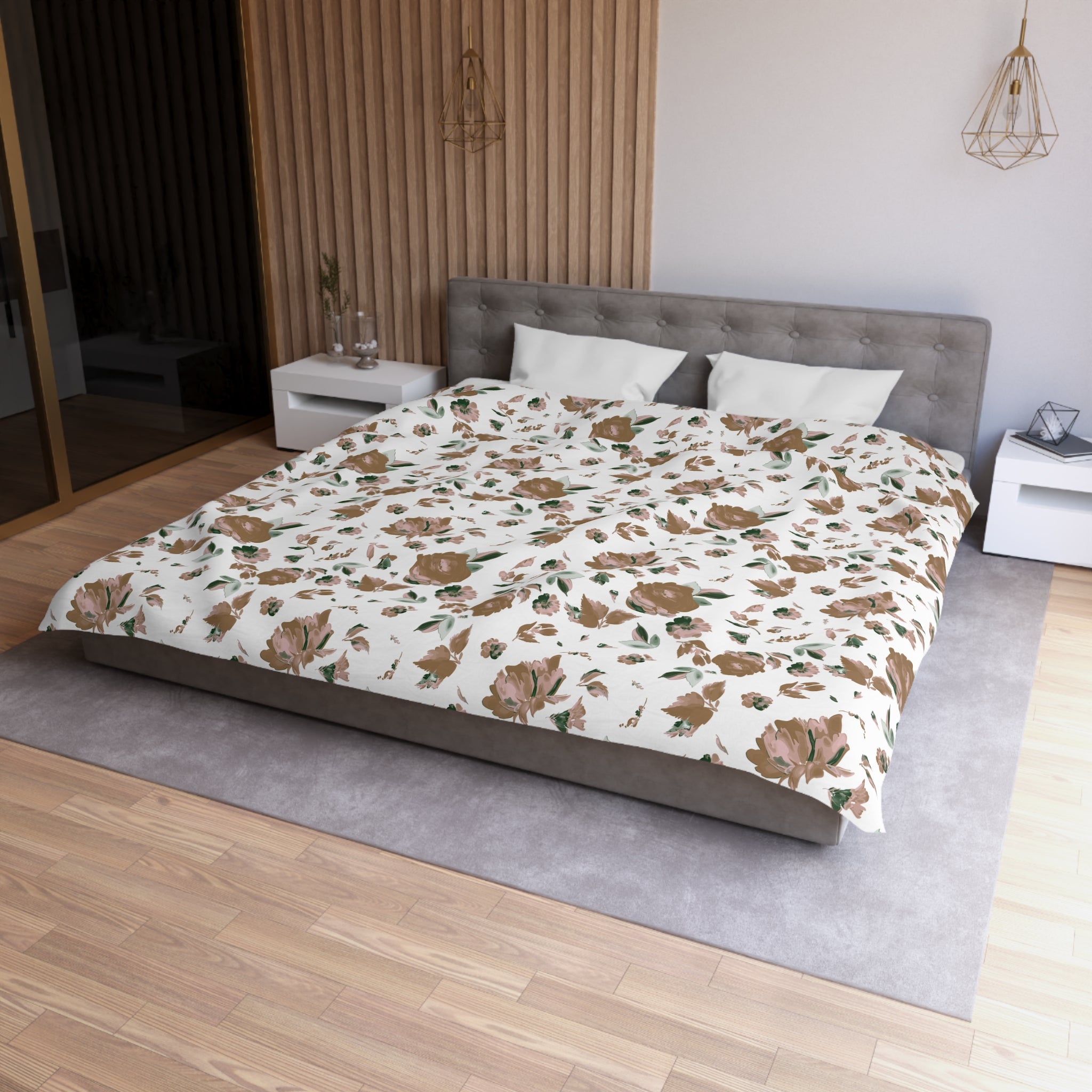 Floral Cotton Duvet, Pillow Cover | Beige Green White Bedroom Decor