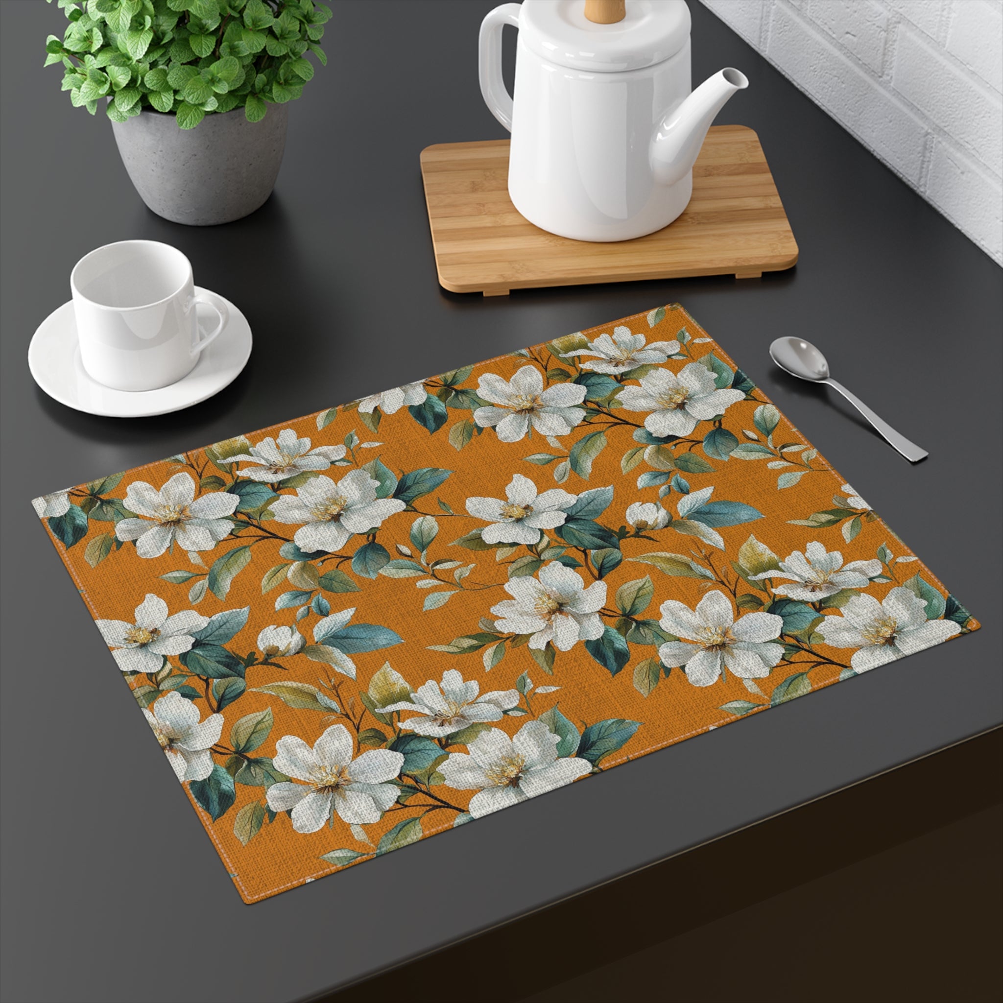 Placemat - Vintage Floral Dining Table Placemat, Orange Teal White