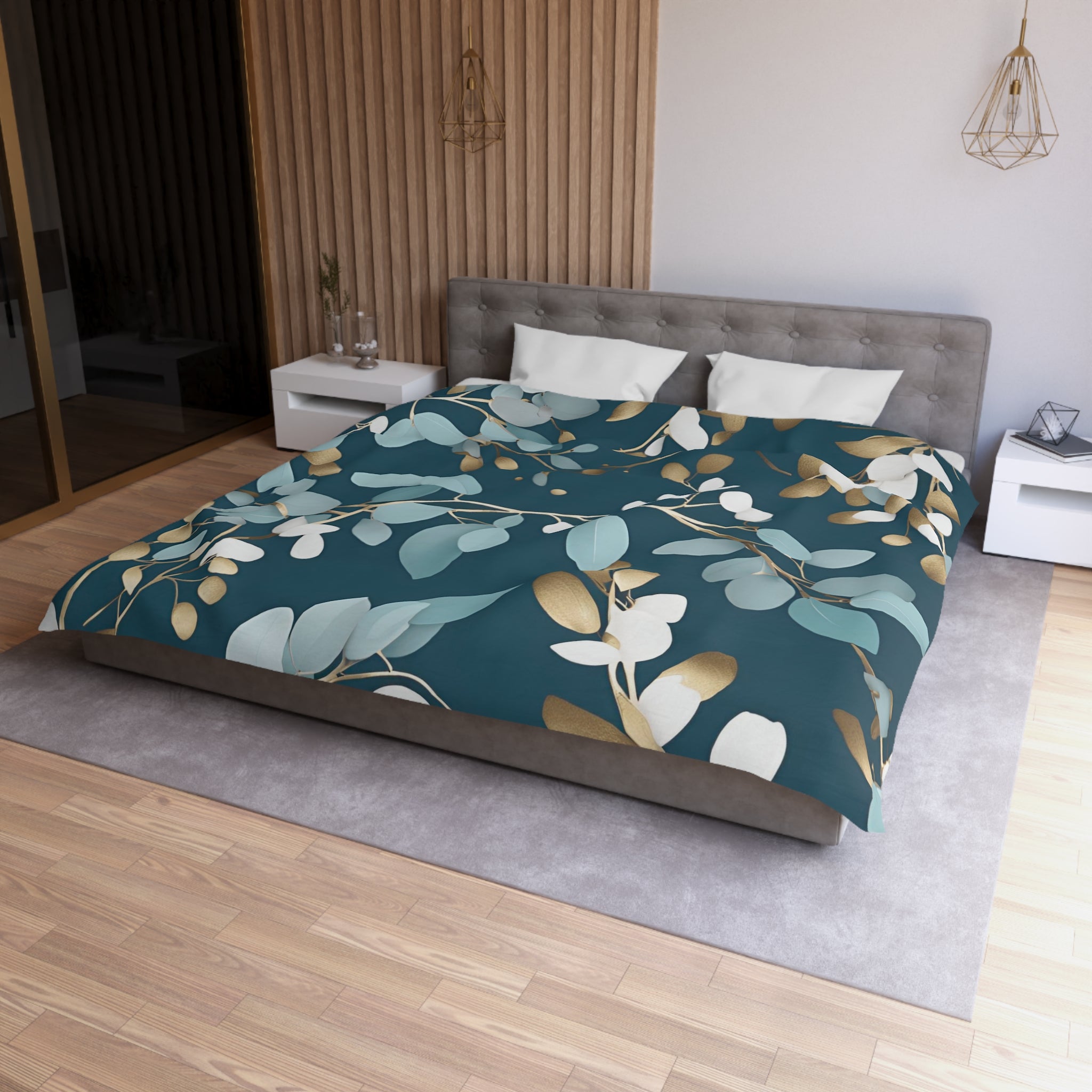 Floral Duvet Cover | Navy, Blue Muted Gold Beige, White Eucalyptus Leaves Bedding Decor | Bedroom Decor