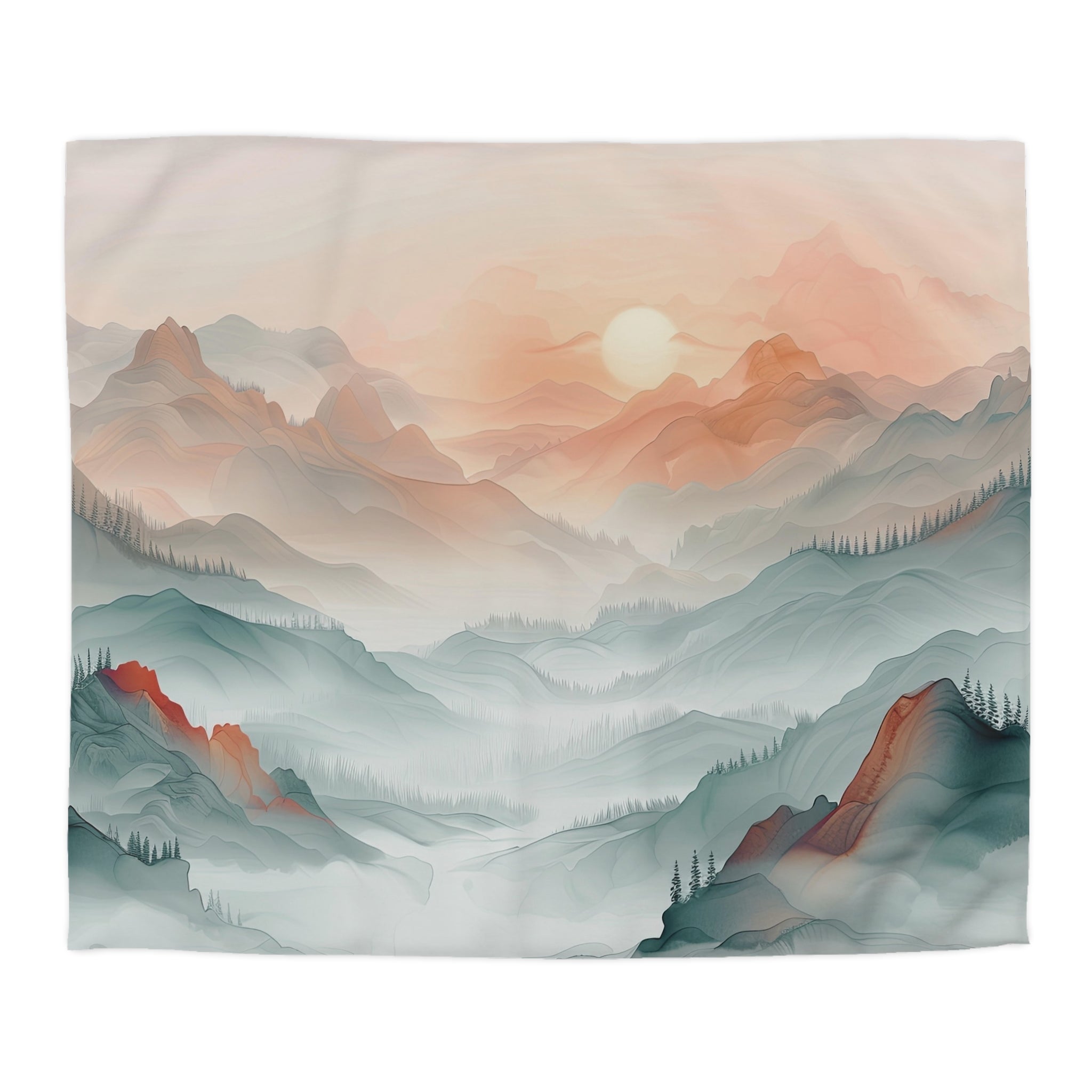 Landscape Duvet Cover | Nature Boho Mountain, Grey Peach Bedding Decor | Bedroom Decor