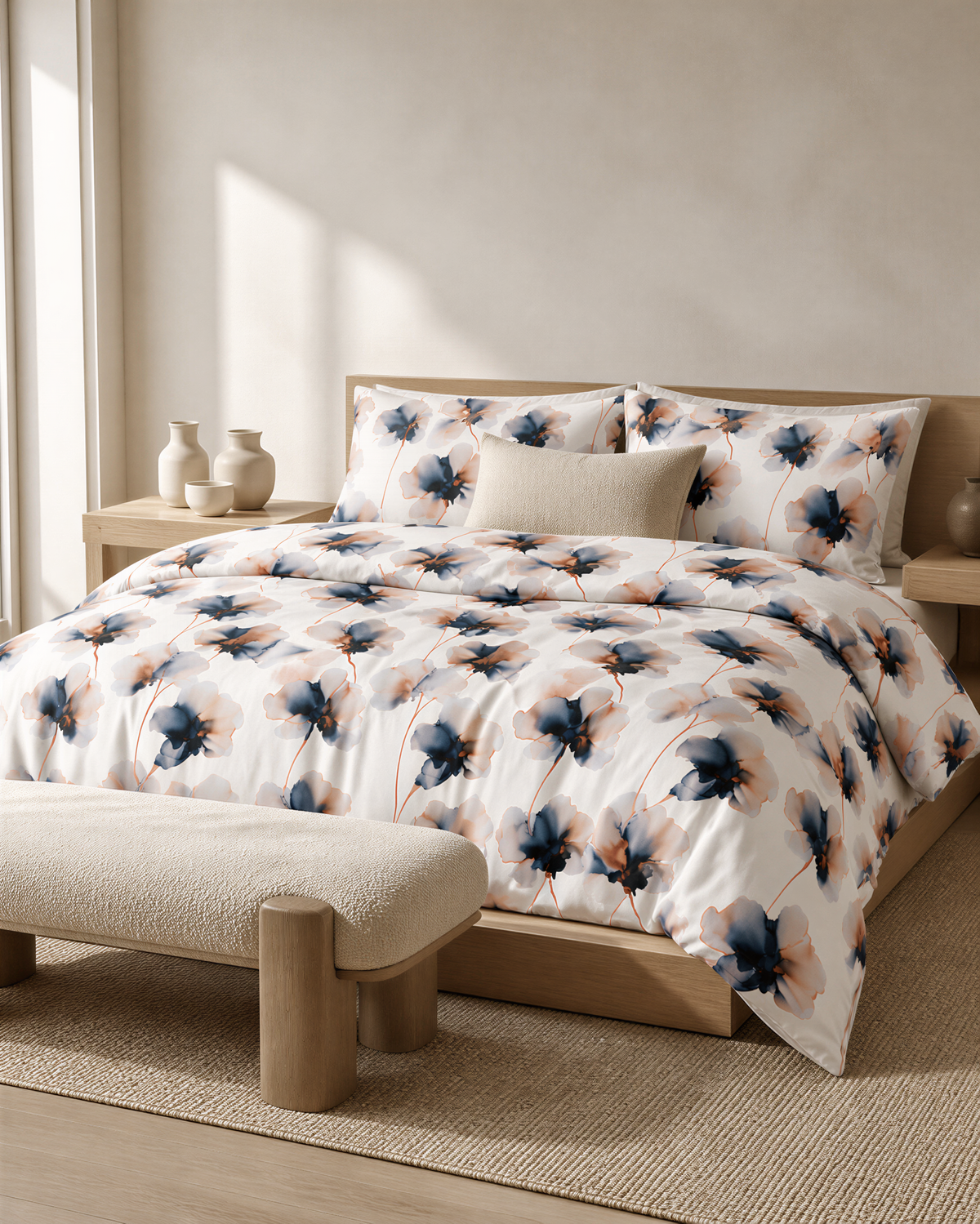 a bedroom with a large bed covered in a floral print comforter and pillows. The bed is positioned against a wall, and there is a wooden bench in front of it. The room has a neutral color scheme, with a beige wall and a wooden floor.
