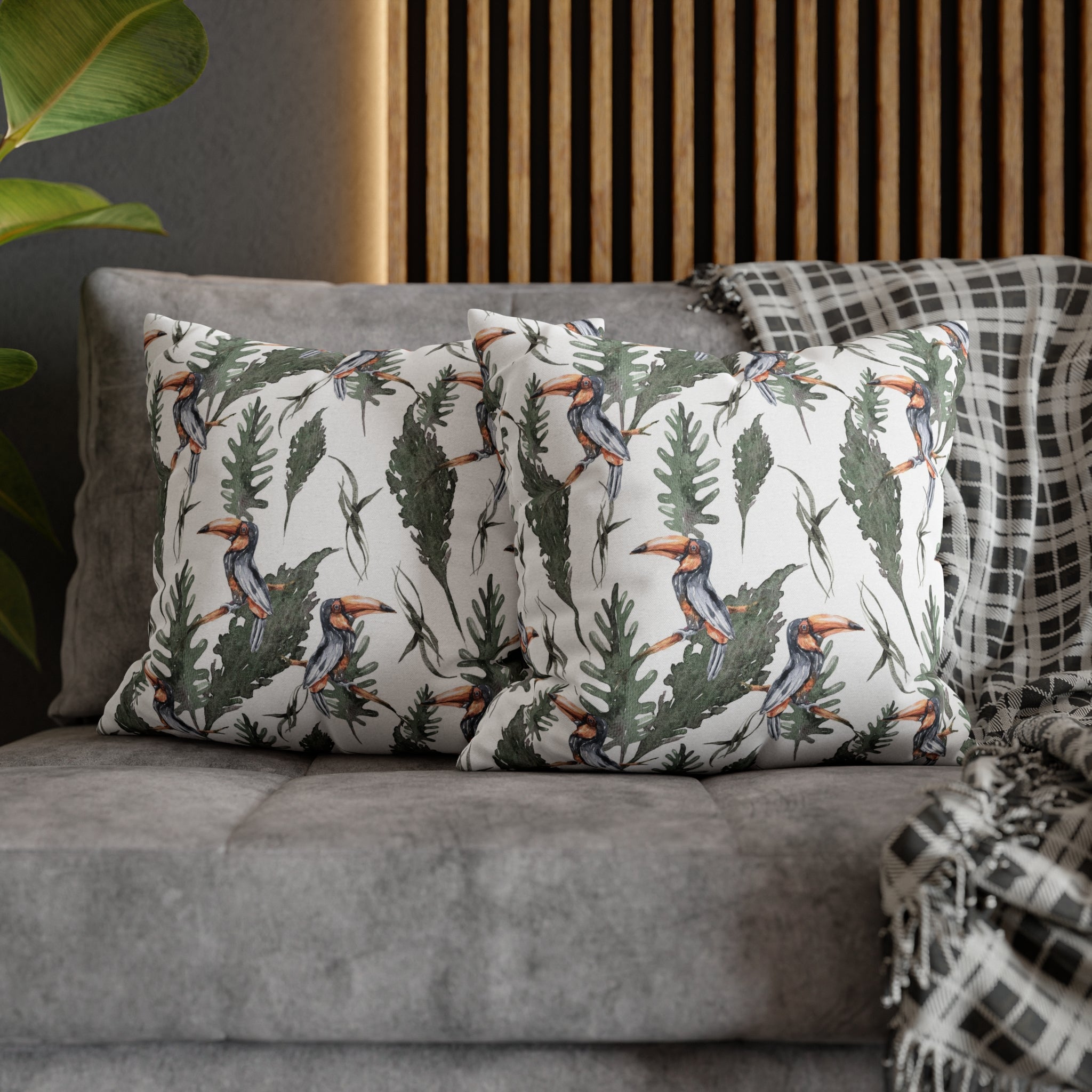 Tropical Tucan Floral Pillow Cover | White Sage Green Jungle Leaves