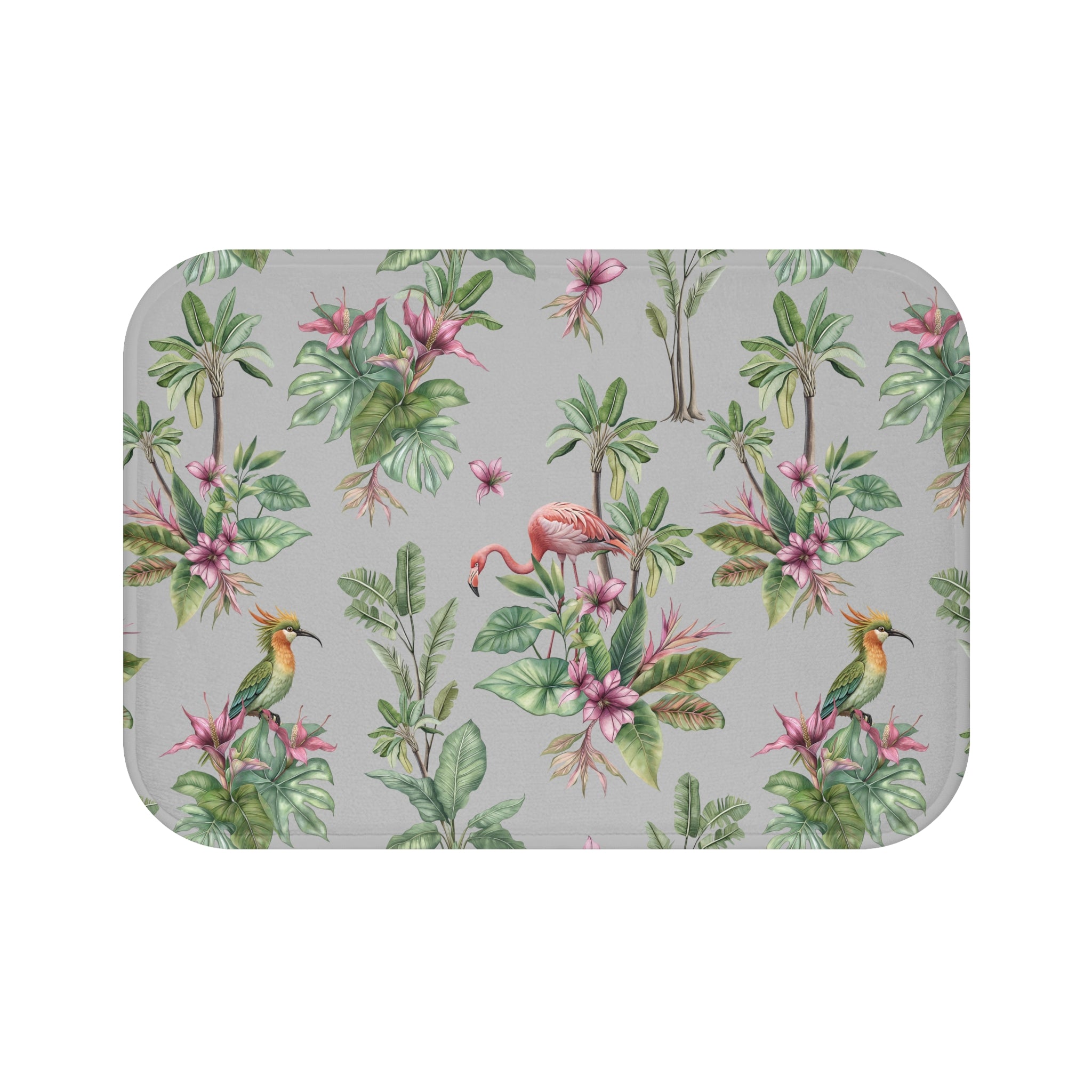 Tropical Bath Mat | Grey Green, Pink Flamingo, Birds Nature Kitchen Mat