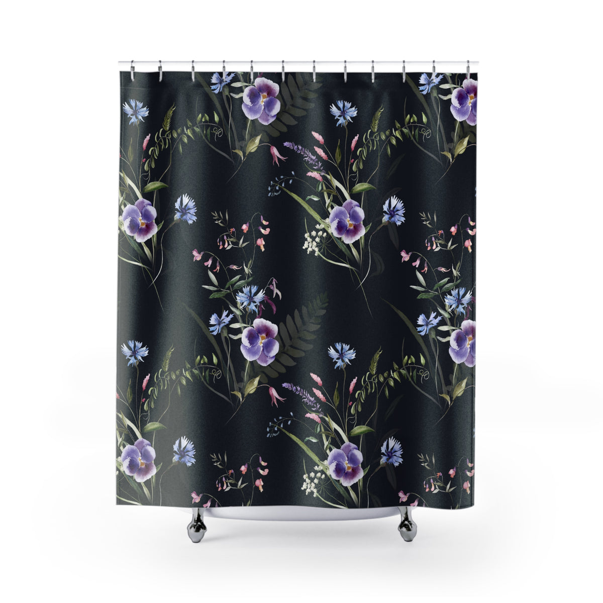 a black shower curtain with a floral pattern of purple and blue flowers and leaves.
