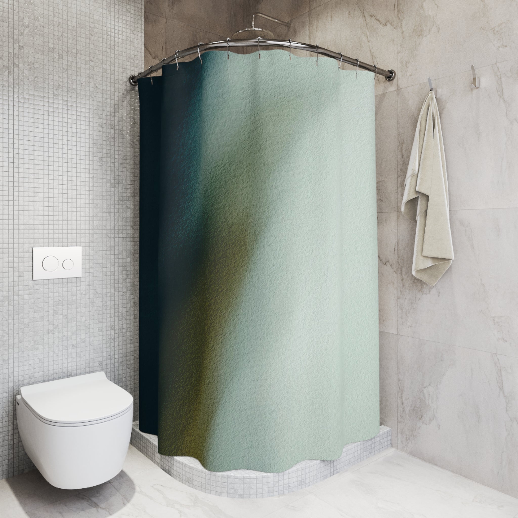 a modern bathroom with a green shower curtain, a white toilet, and a towel rack.