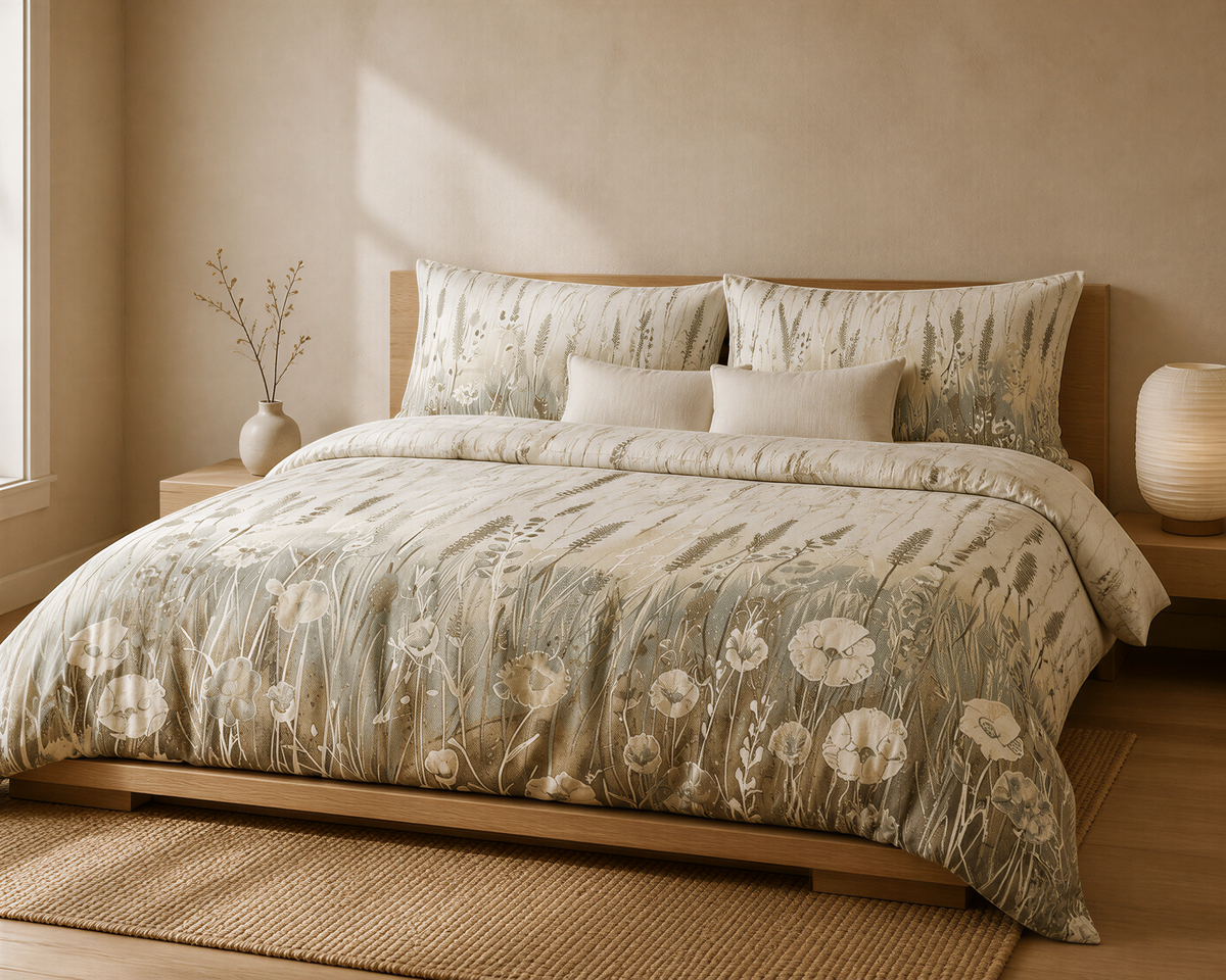 a serene and cozy bedroom with a large bed adorned with a floral comforter and pillows. The bed is positioned against a wall, and there is a window nearby. The room has a warm and inviting atmosphere, with a rug on the floor and a vase on a side table.