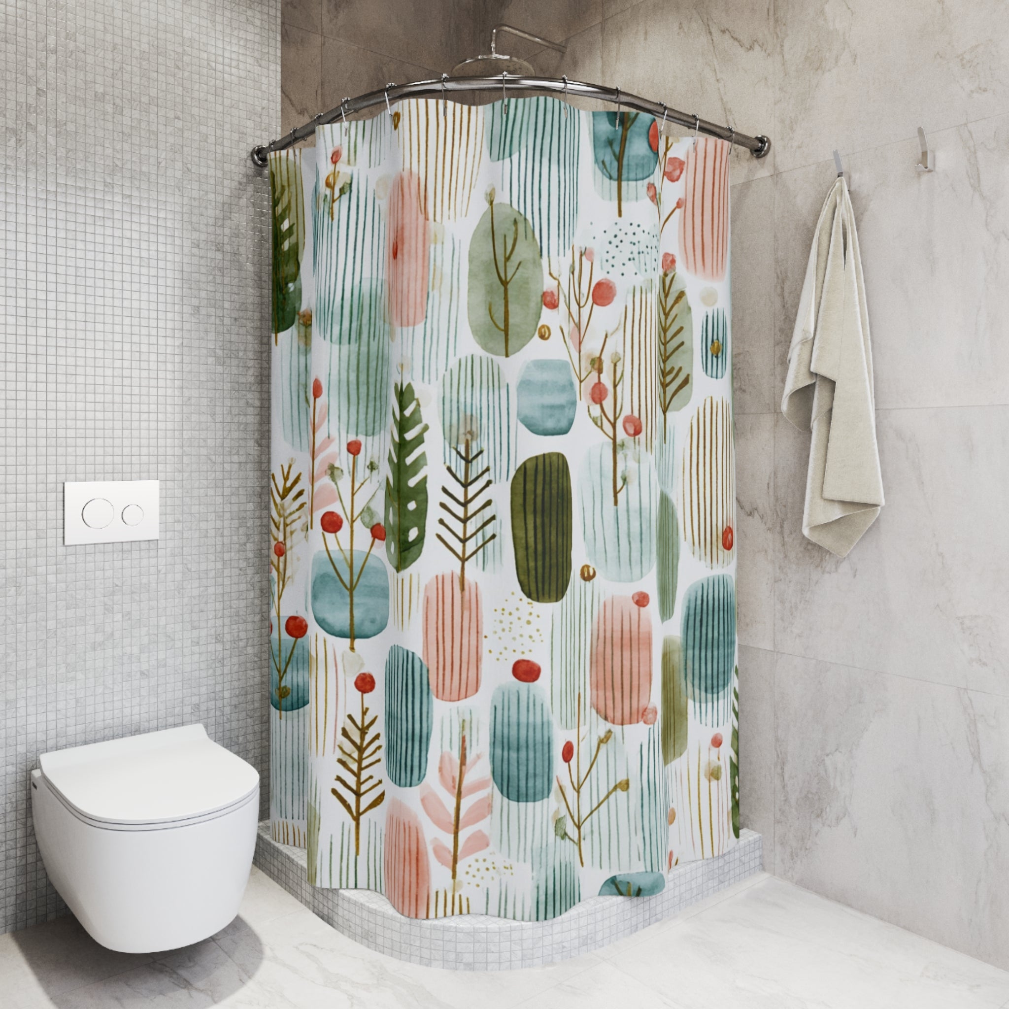 Boho Shower Curtain | Winter Watercolor Pastel Green White Leaves